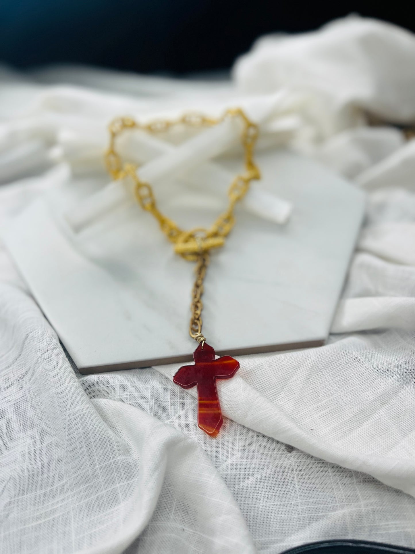 Carnelian Cross Soul Chain w Vintage Gold Plated Chain