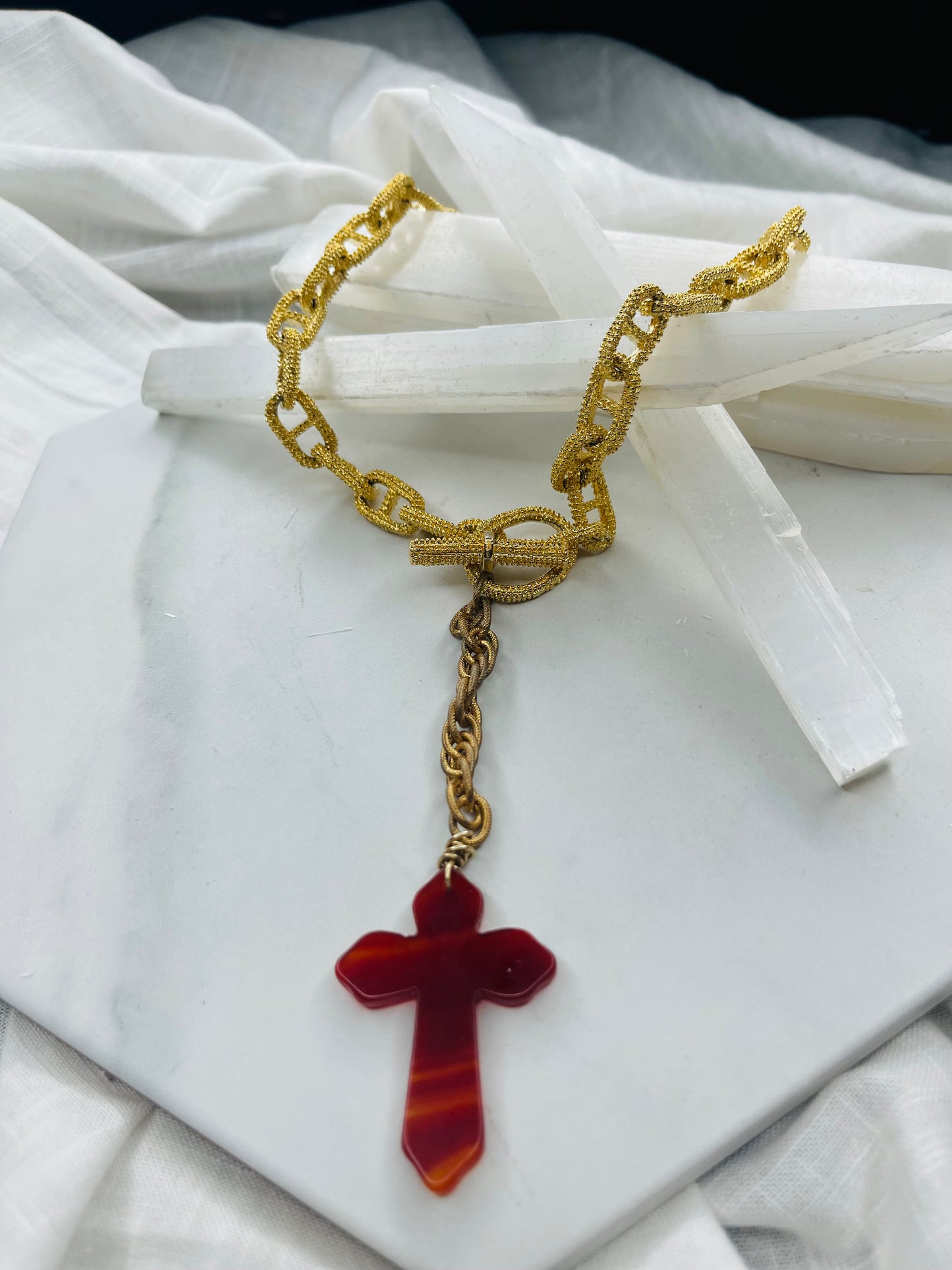 Carnelian Cross Soul Chain w Vintage Gold Plated Chain