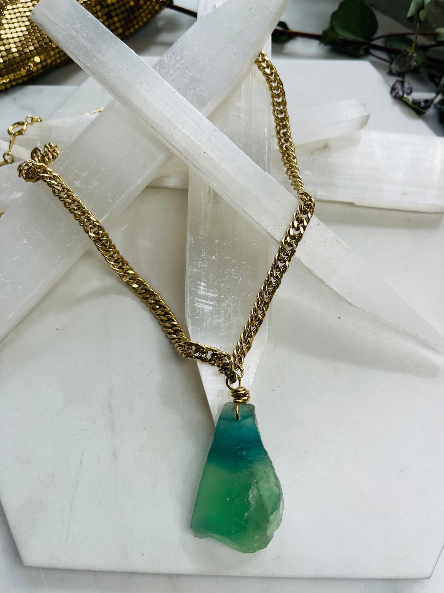 Chunky Raw Rainbow Fluorite Crystal Nugget - Vintage Gold Soul Chain Necklace