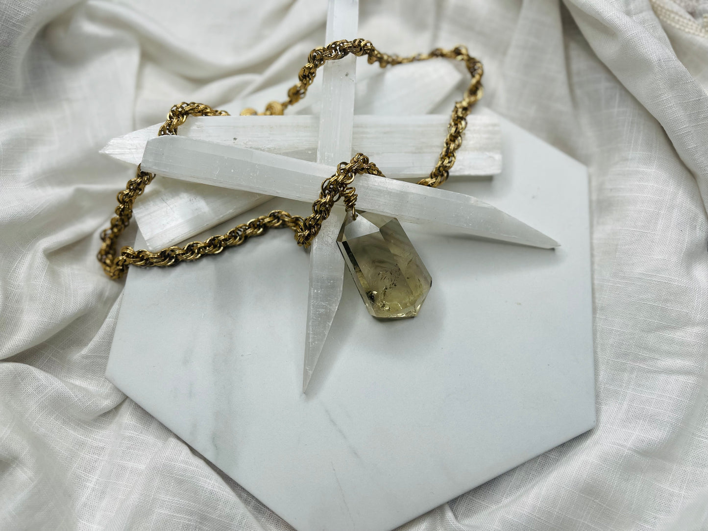 Chevron & Rainbow Inclusions Gem Cut & Very Rare Citrine Hand wrapped on vintage chain