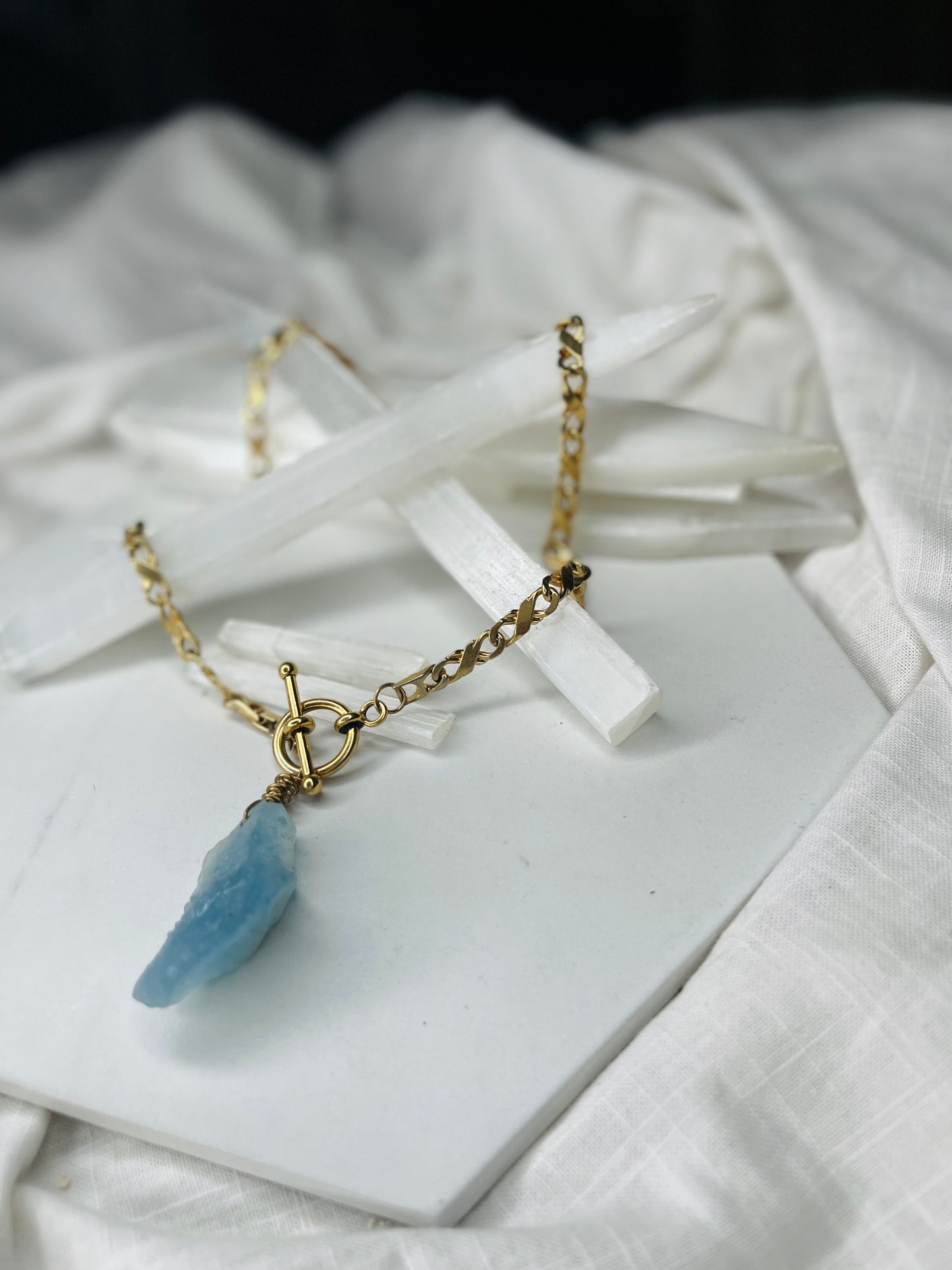 Roar! Throat Chakra Raw Aquamarine w Vintage Gold Plated Necklace