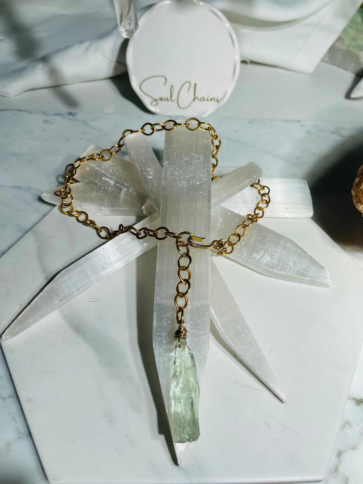 Lux Prasiolite Crystal Soul Chain Necklace - Vintage Gold Chain- Akashic Records Collection