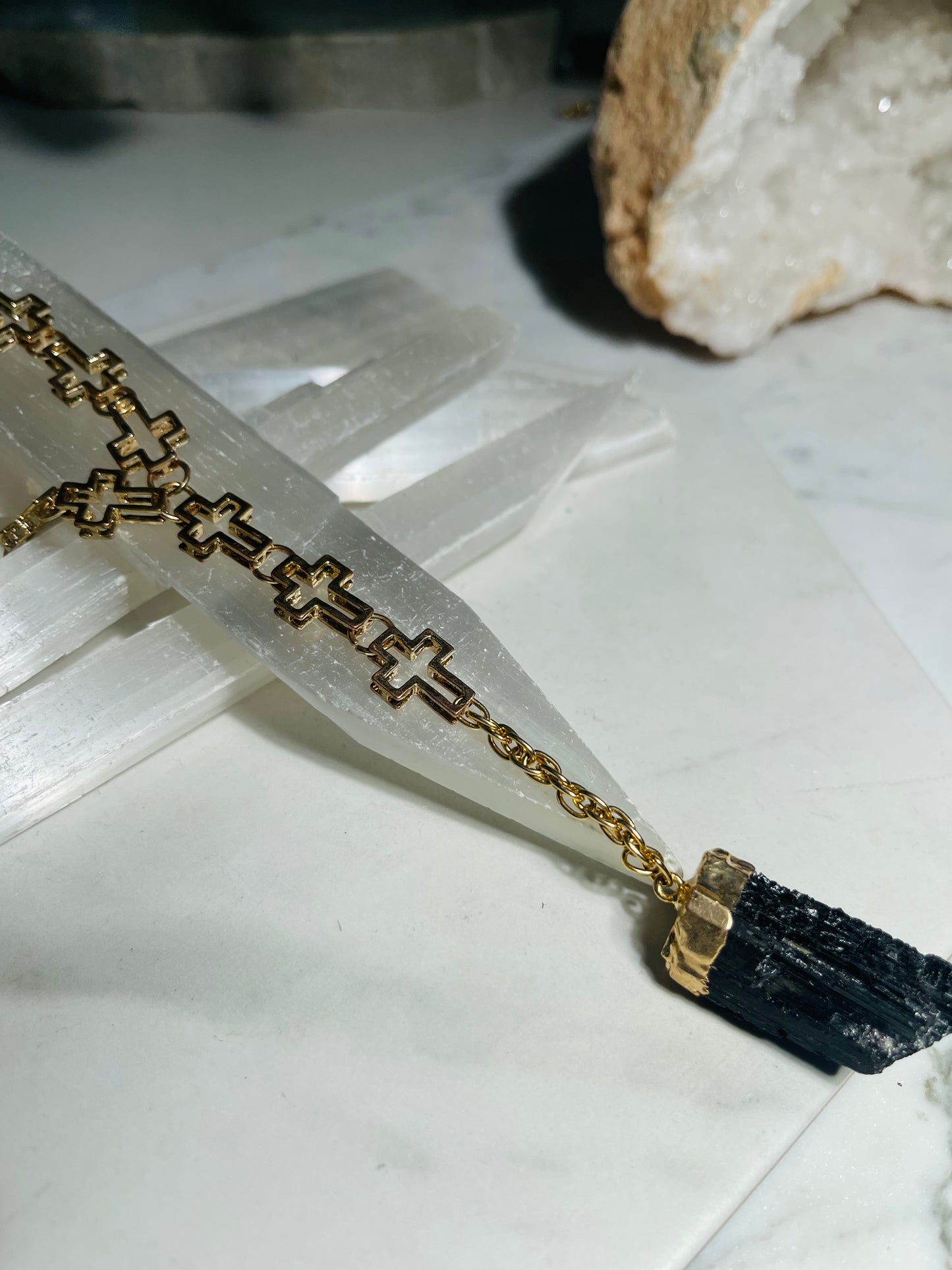 Black Tourmaline Cross Soul Chain with Gold plated Vintage Necklace