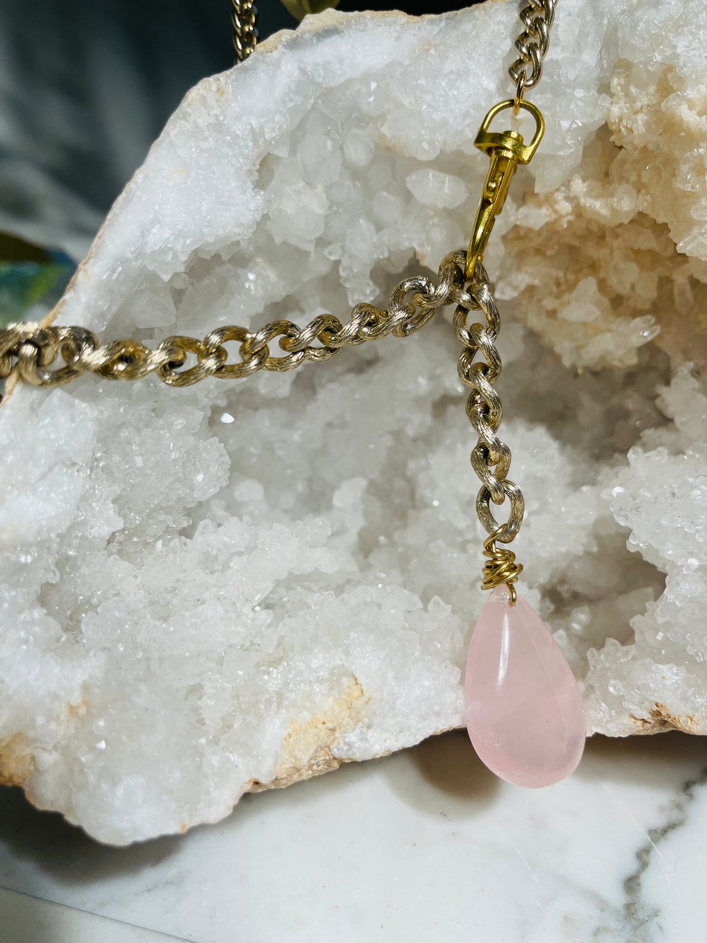 Heart Chakra Soul Chain Rose Quartz Crystal Gold Plated Soul Chain