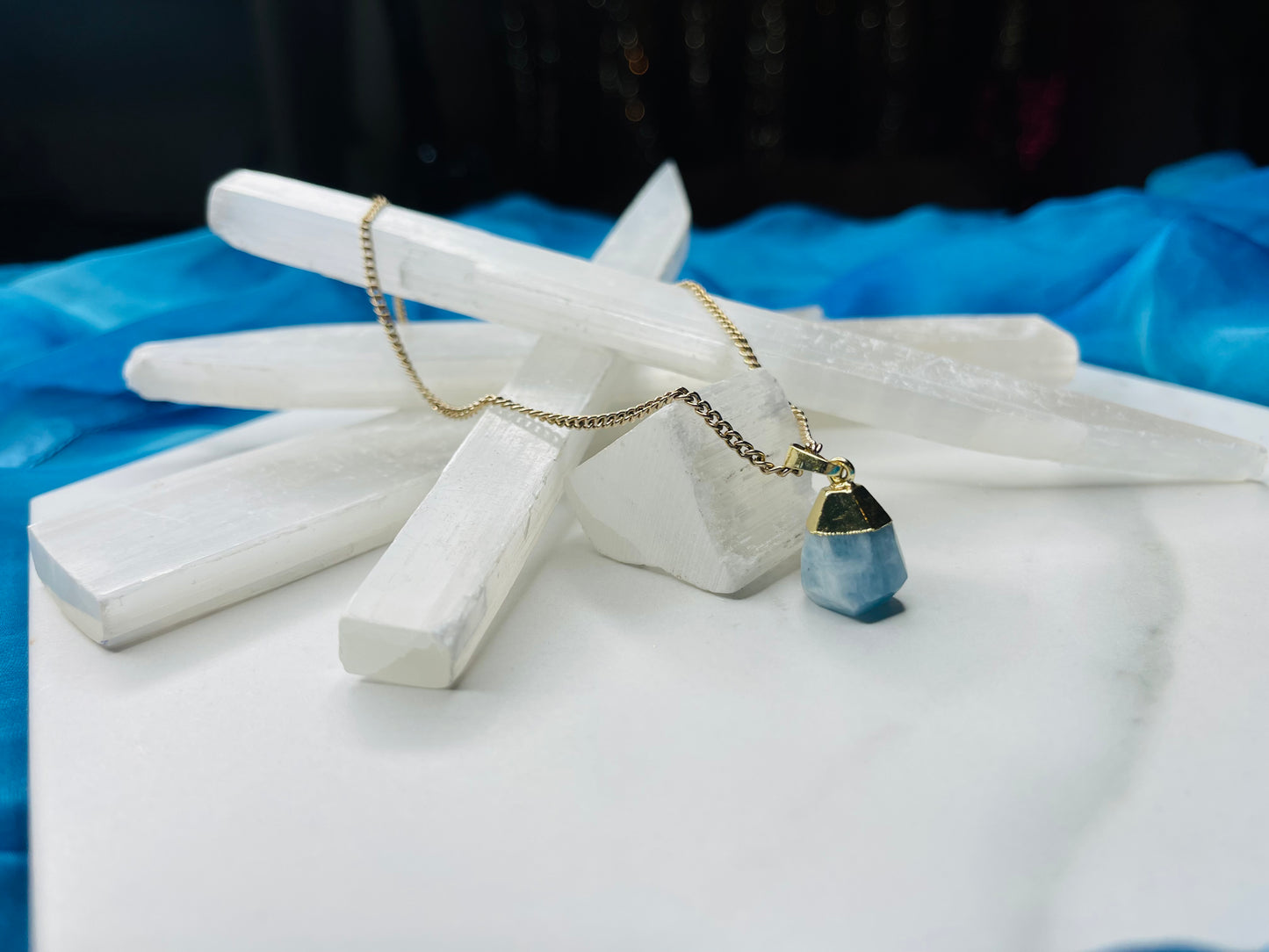 Dainty Baby Blue Lace Agate Crystal Soul Chain Necklace - Vintage Gold Chain- Dainty Baby Collection