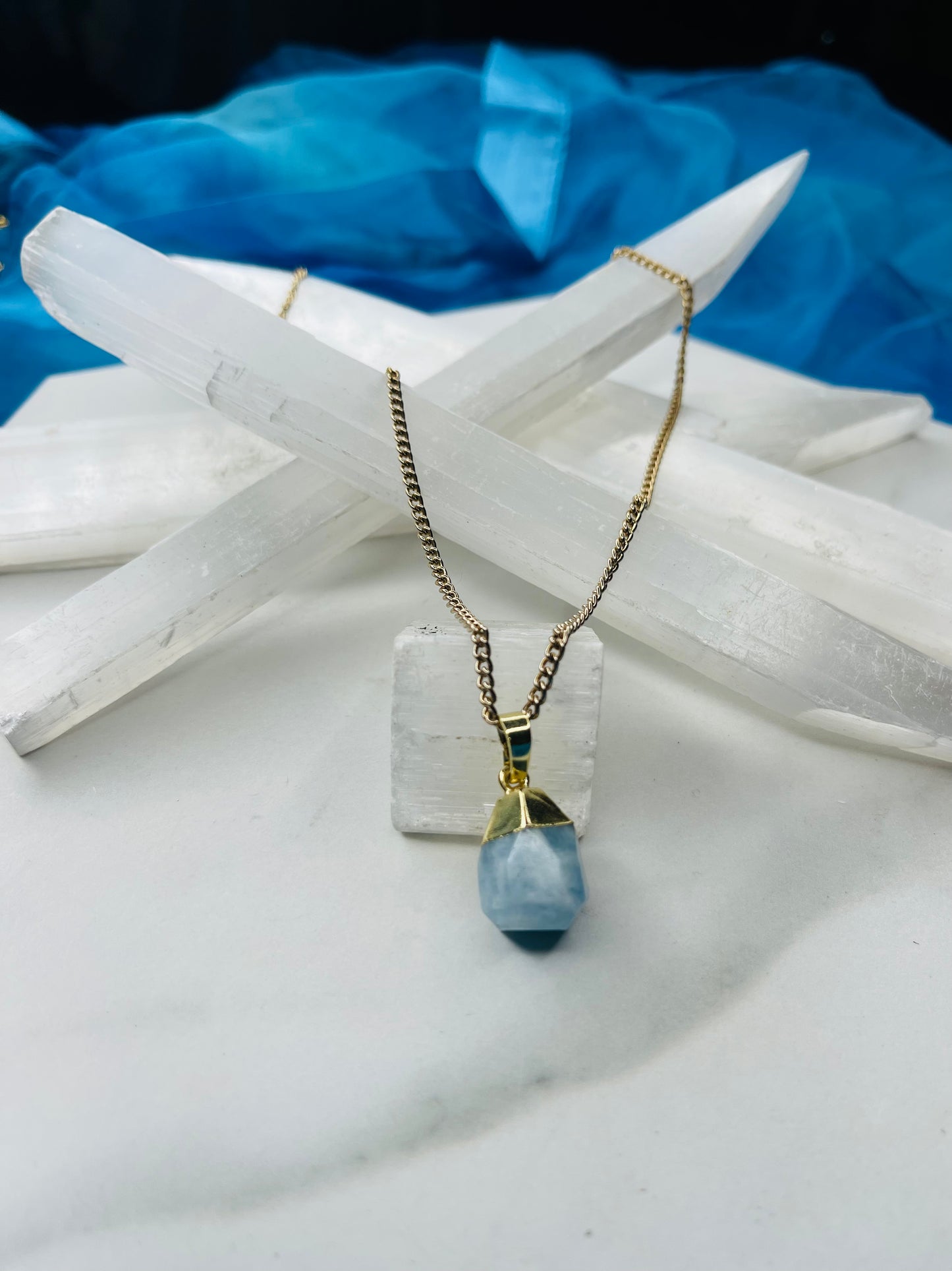 Dainty Baby Blue Lace Agate Crystal Soul Chain Necklace - Vintage Gold Chain- Dainty Baby Collection