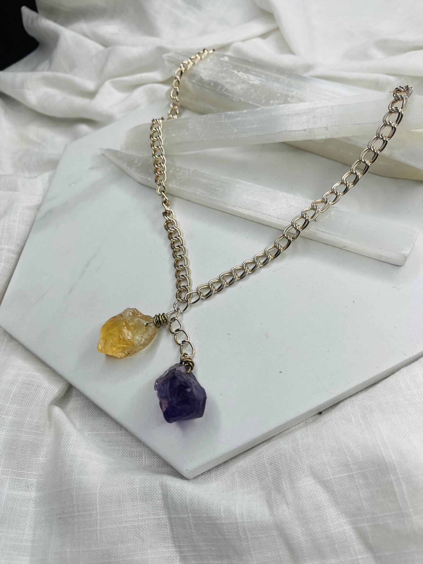 Vintage Chain w Raw Amethyst and High Quality Citrine Soul Chain Necklace Hand wrapped on vintage chain