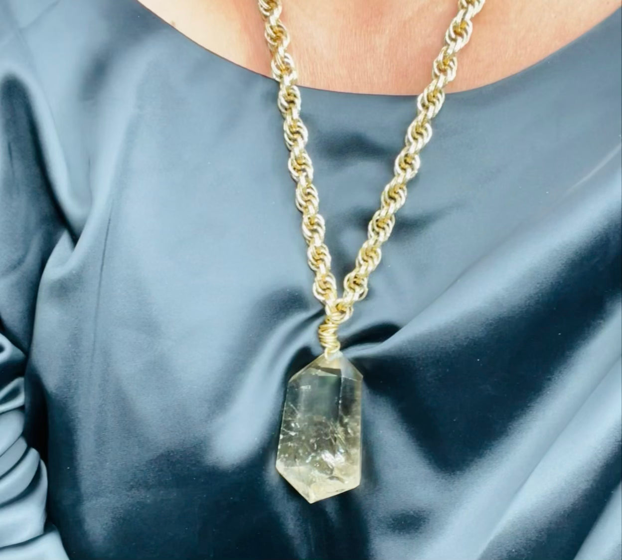 Chevron & Rainbow Inclusions Gem Cut & Very Rare Citrine Hand wrapped on vintage chain