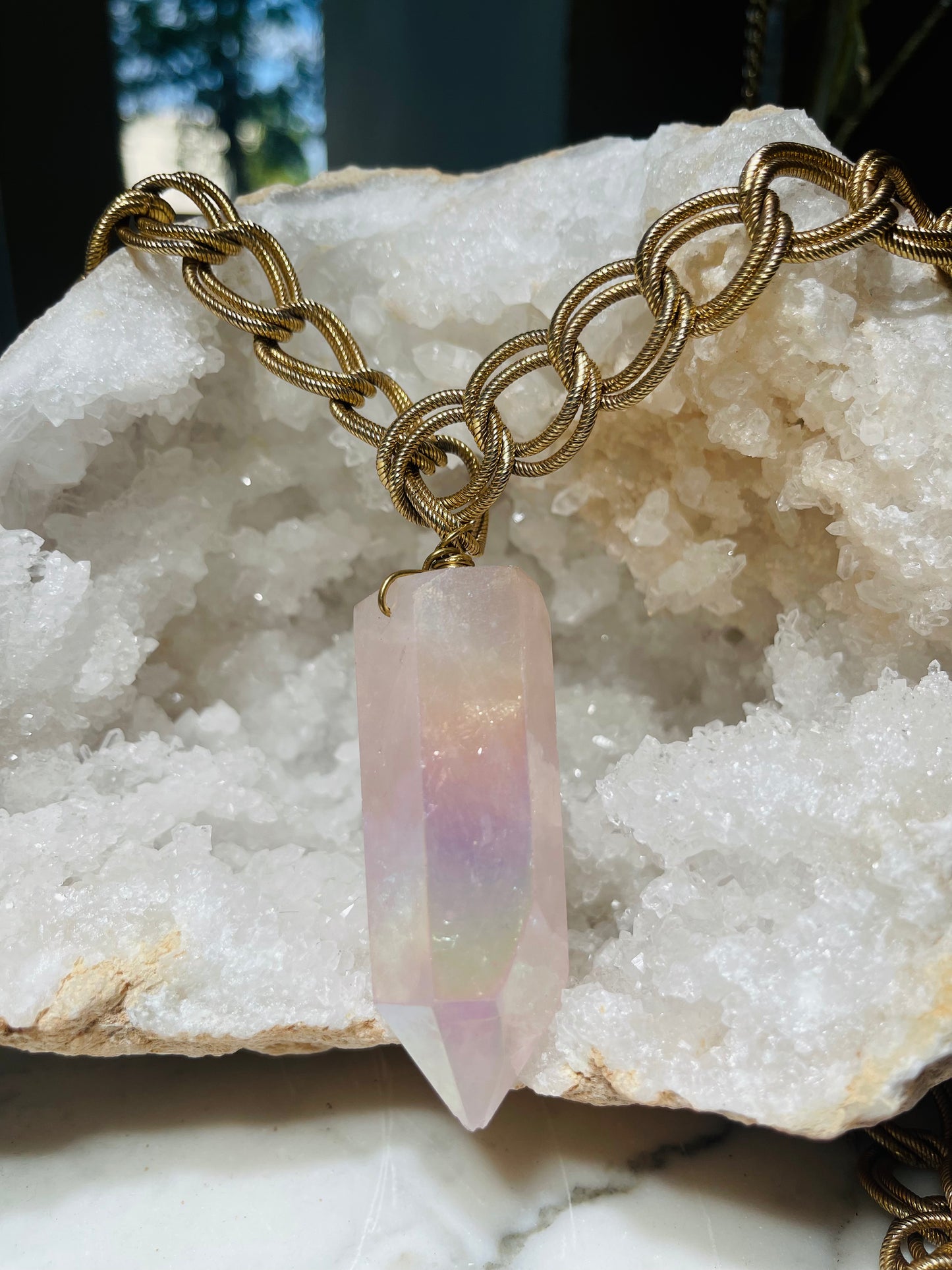 Chunky Heart Chakra Soul Chain w Aura Rose Quartz Crystal and Vintage Gold Plated Chain