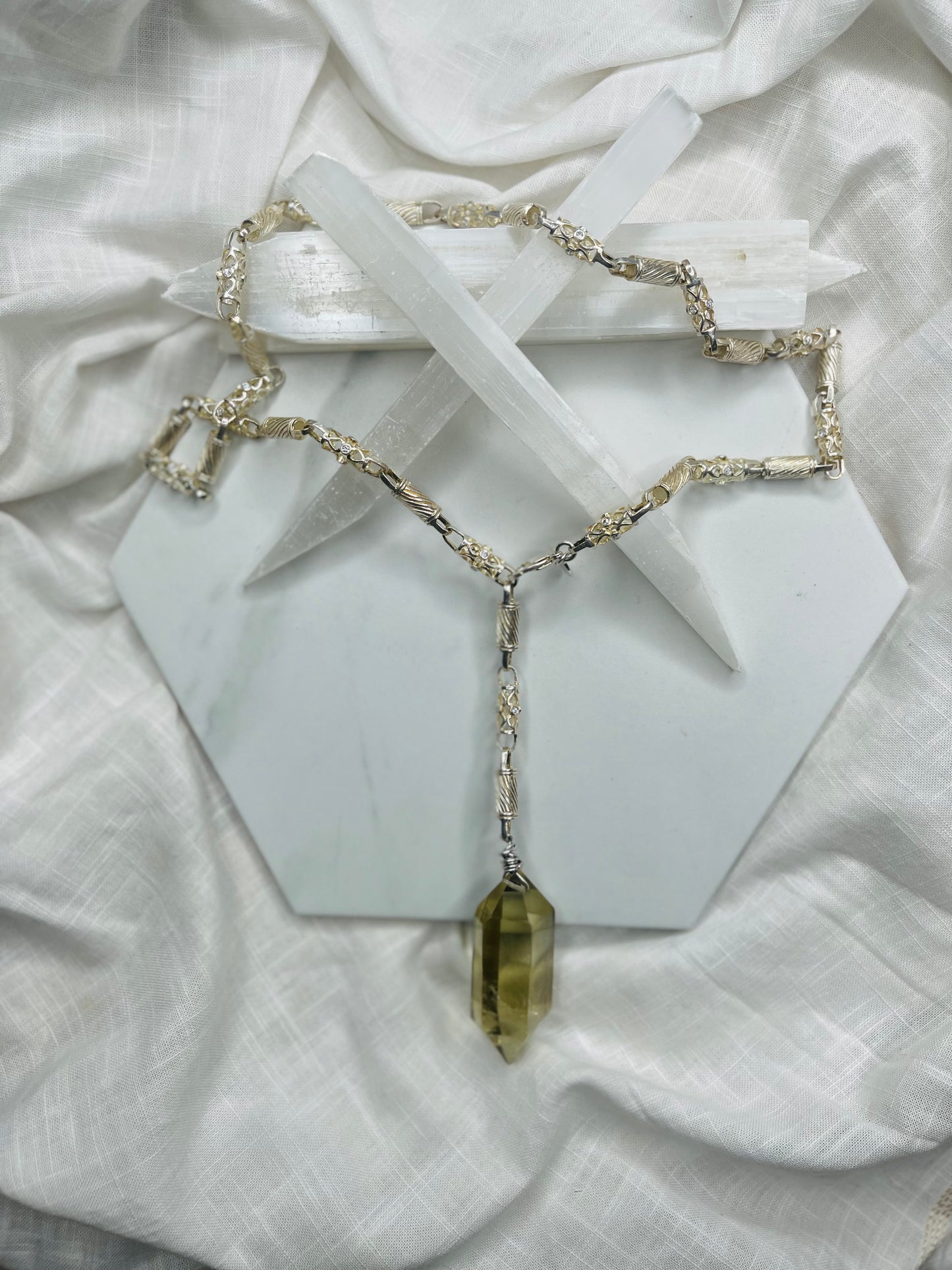 Exquisite Rainbow Inclusions and Chunky Gem Cut & Very Rare Citrine Hand wrapped on vintage chain