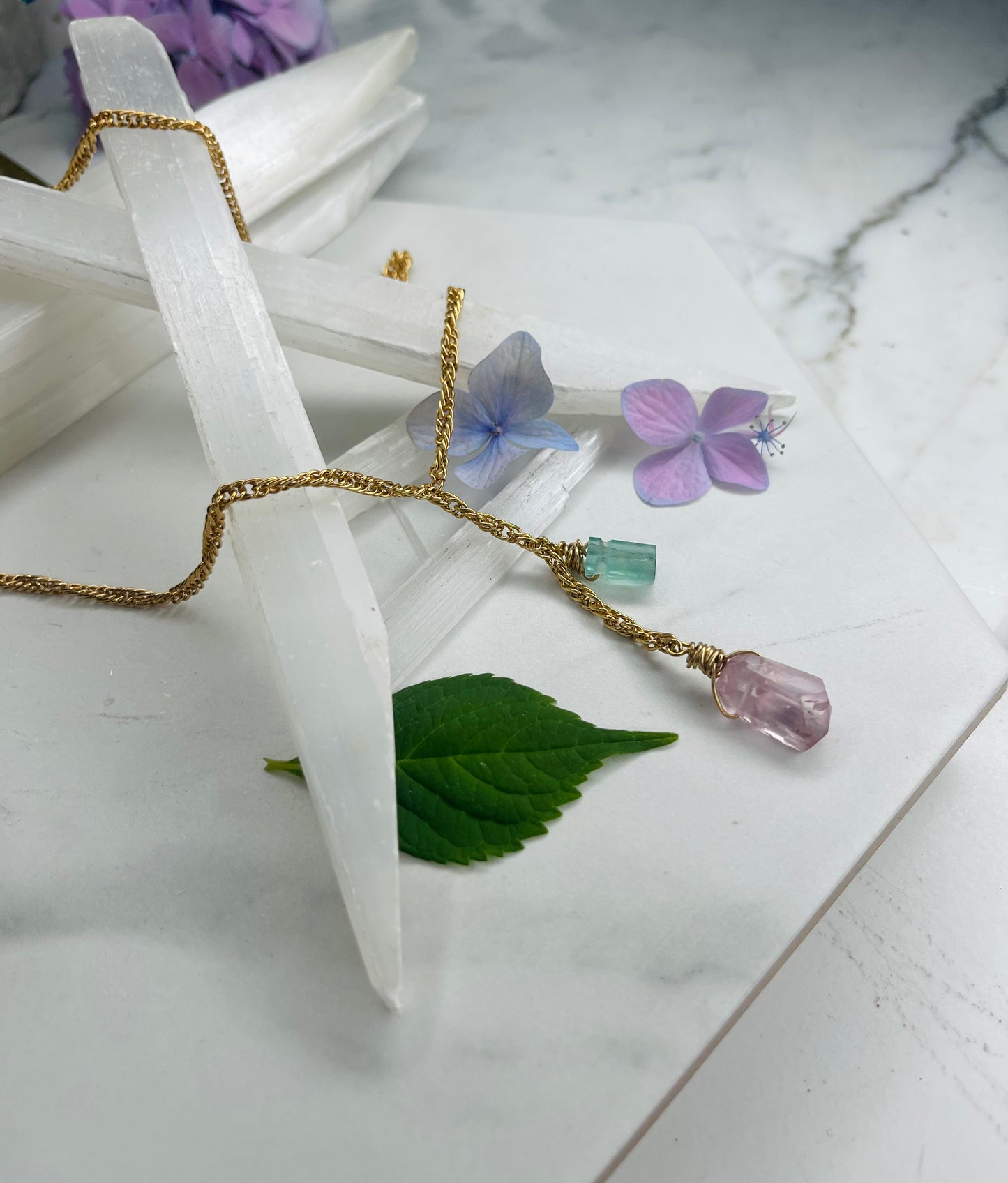 3rd Eye Heart Dainty Baby Gold Soul Chain w, Faceted Kunzite