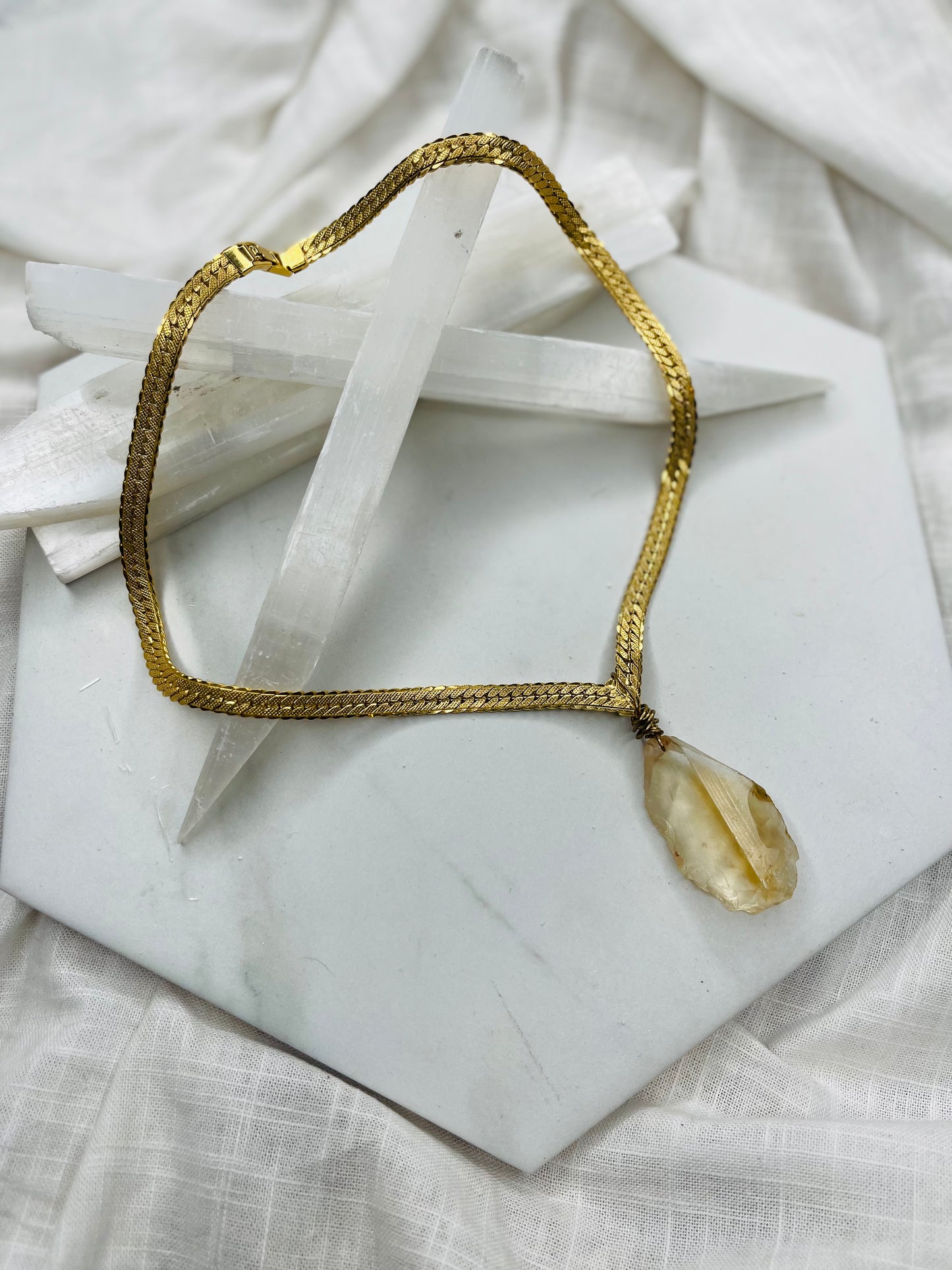 V Herringbone Vintage Chain w Raw High Quality Citrine Soul Chain Necklace Hand wrapped on vintage chain