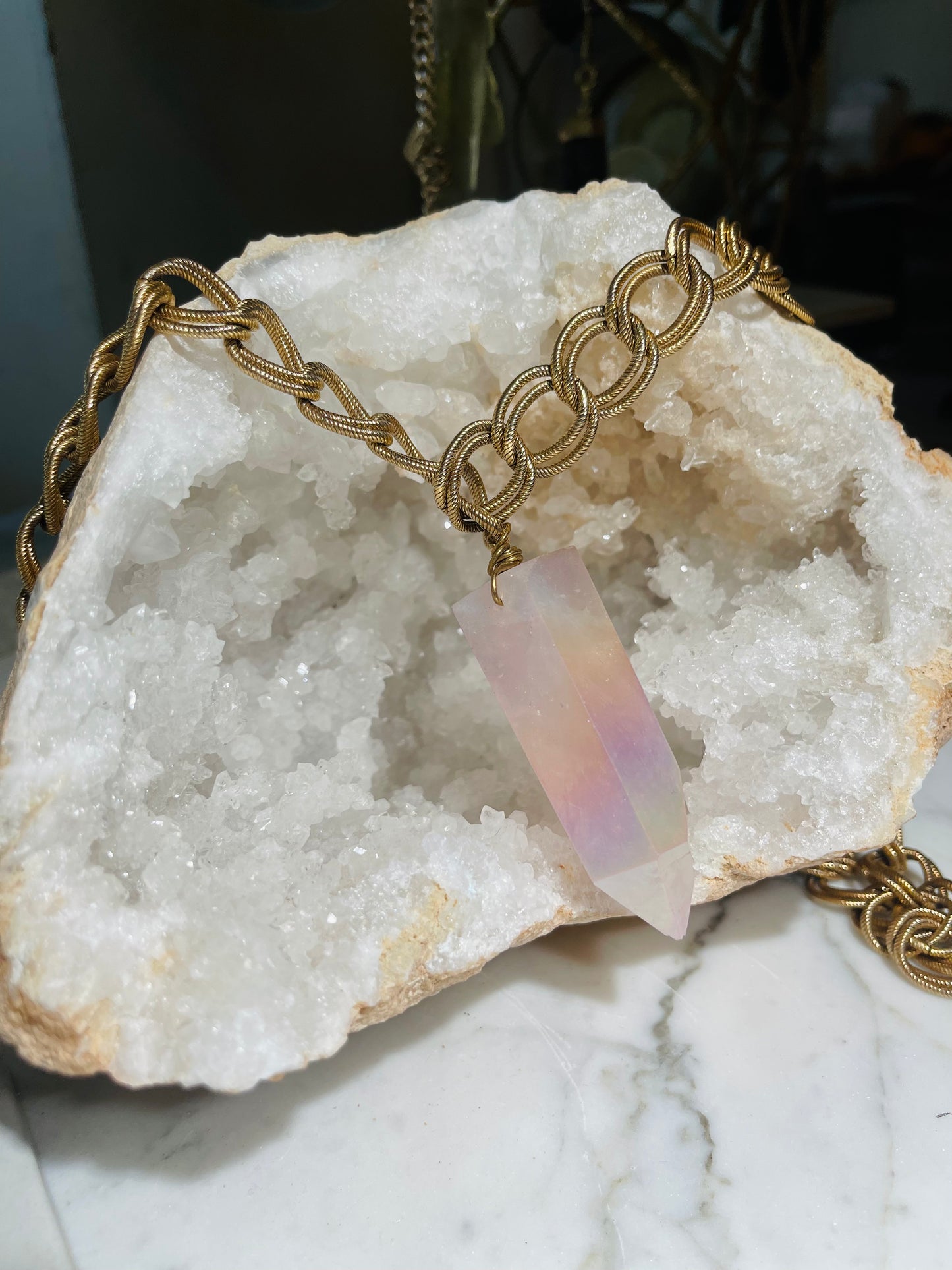Chunky Heart Chakra Soul Chain w Aura Rose Quartz Crystal and Vintage Gold Plated Chain