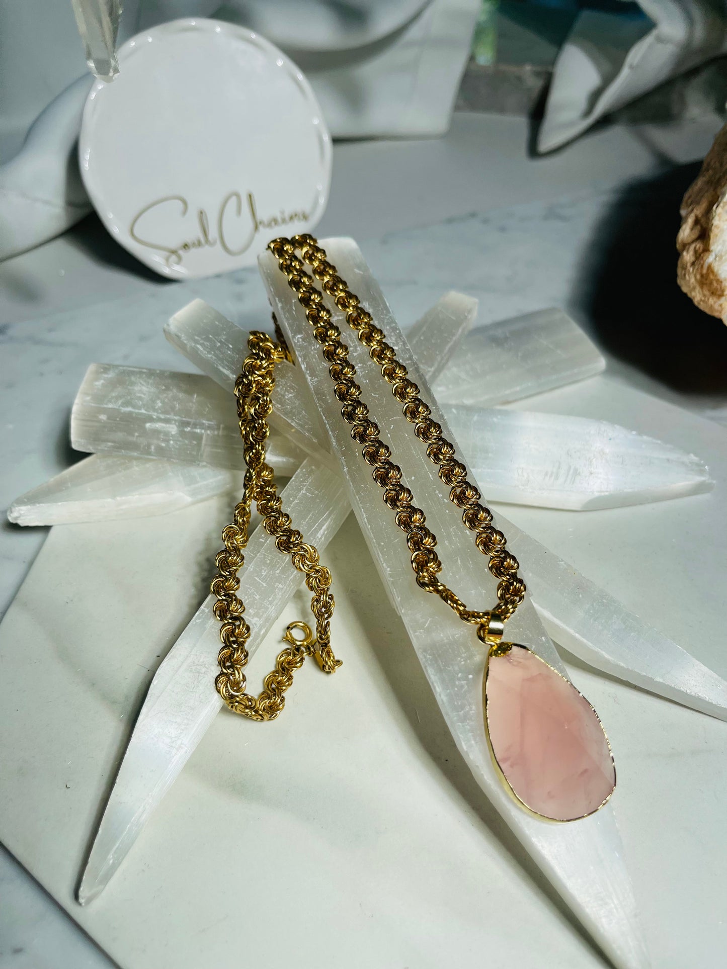 Heart Chakra Soul Chain Rose Quartz Crystal Gold Plated Soul Chain