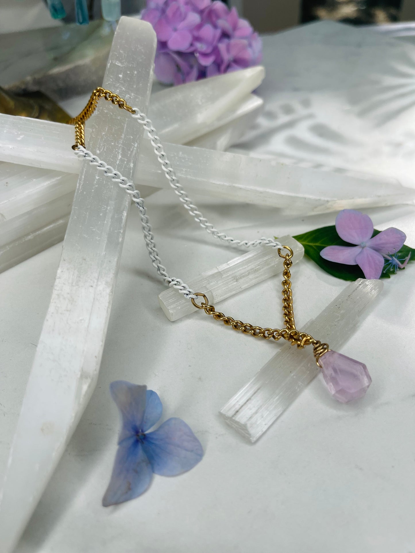 3rd Eye Dainty Baby Gold Soul Chain w, Faceted Kunzite
