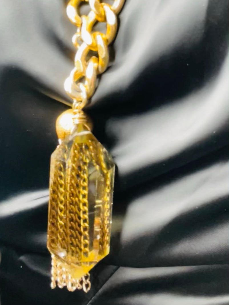 Chevron & Rainbow Inclusions Gem Cut & Very Rare Citrine Hand wrapped on vintage chain