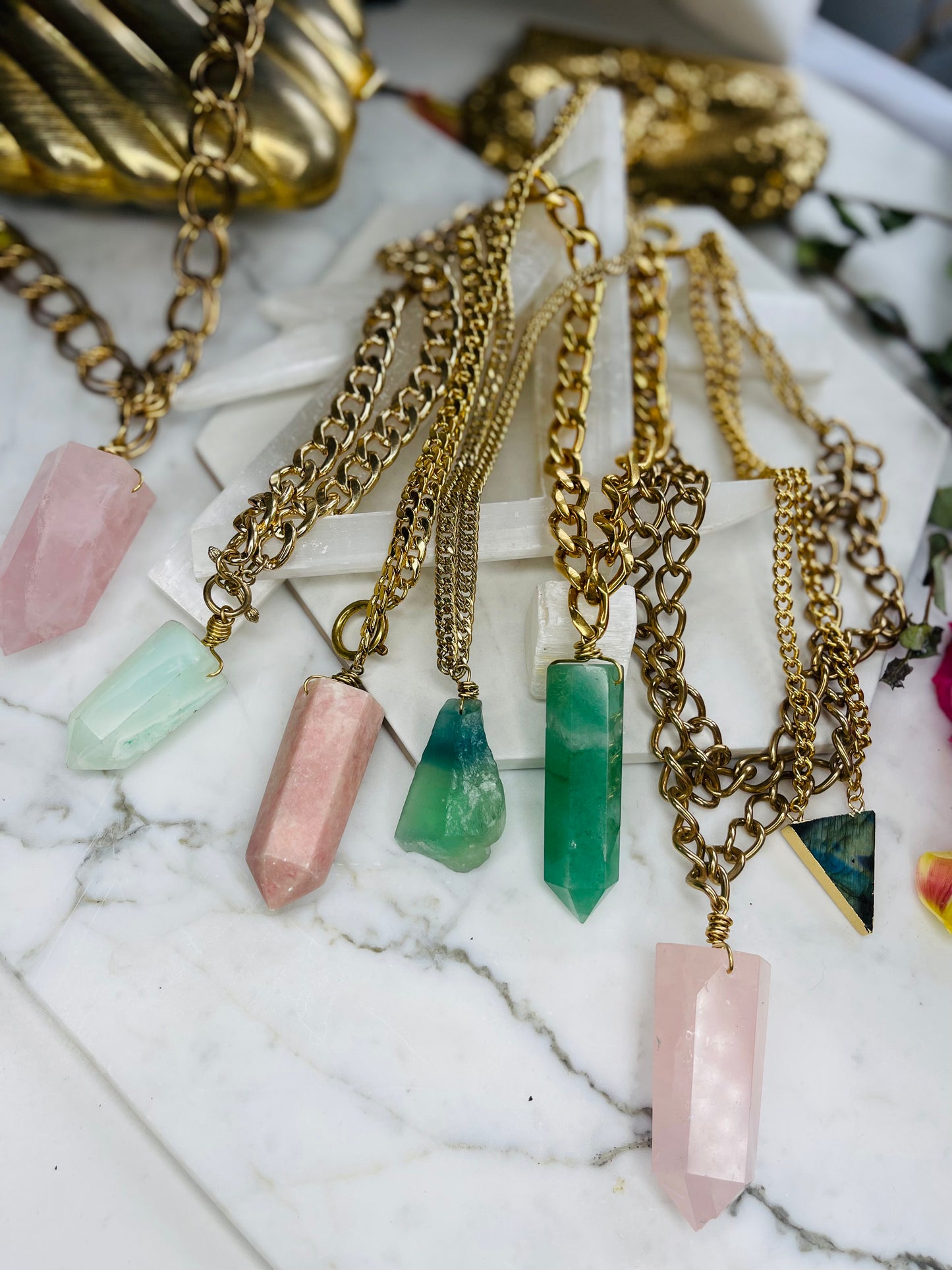 Chunky Raw Rainbow Fluorite Crystal Nugget - Vintage Gold Soul Chain Necklace