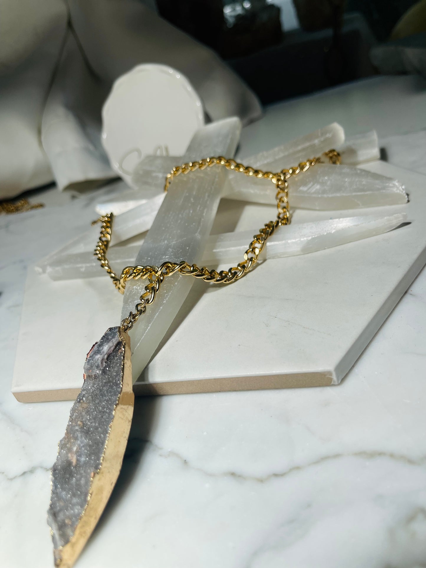 Charcoal Lux Druzy Gem Clear Quartz Crystal Soul Chain