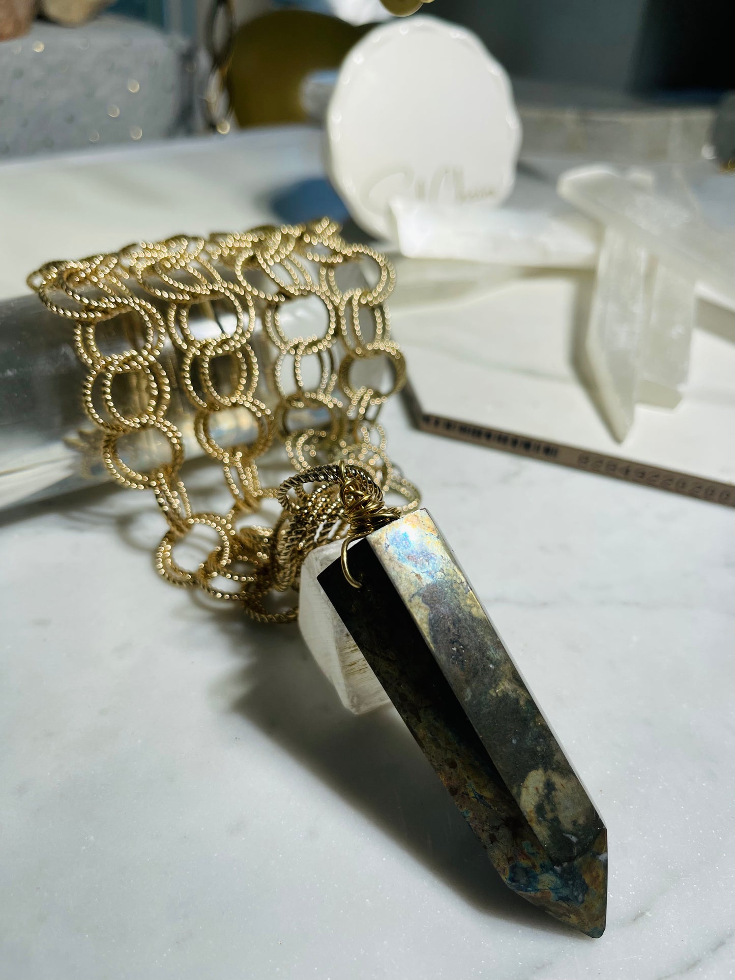 Chunky and Massive Aura Pyrite Crystal Soul Chain Necklace - Silver Plated Chain- Akashic Records Collection