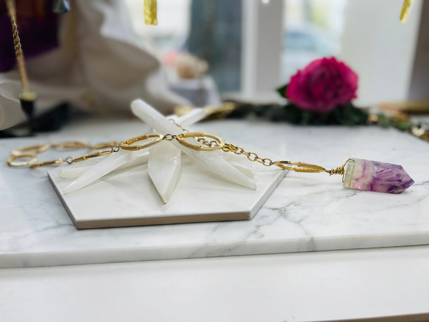 Double Terminated Rainbow Fluorite Crystal Nugget - Vintage Gold Soul Chain Necklace