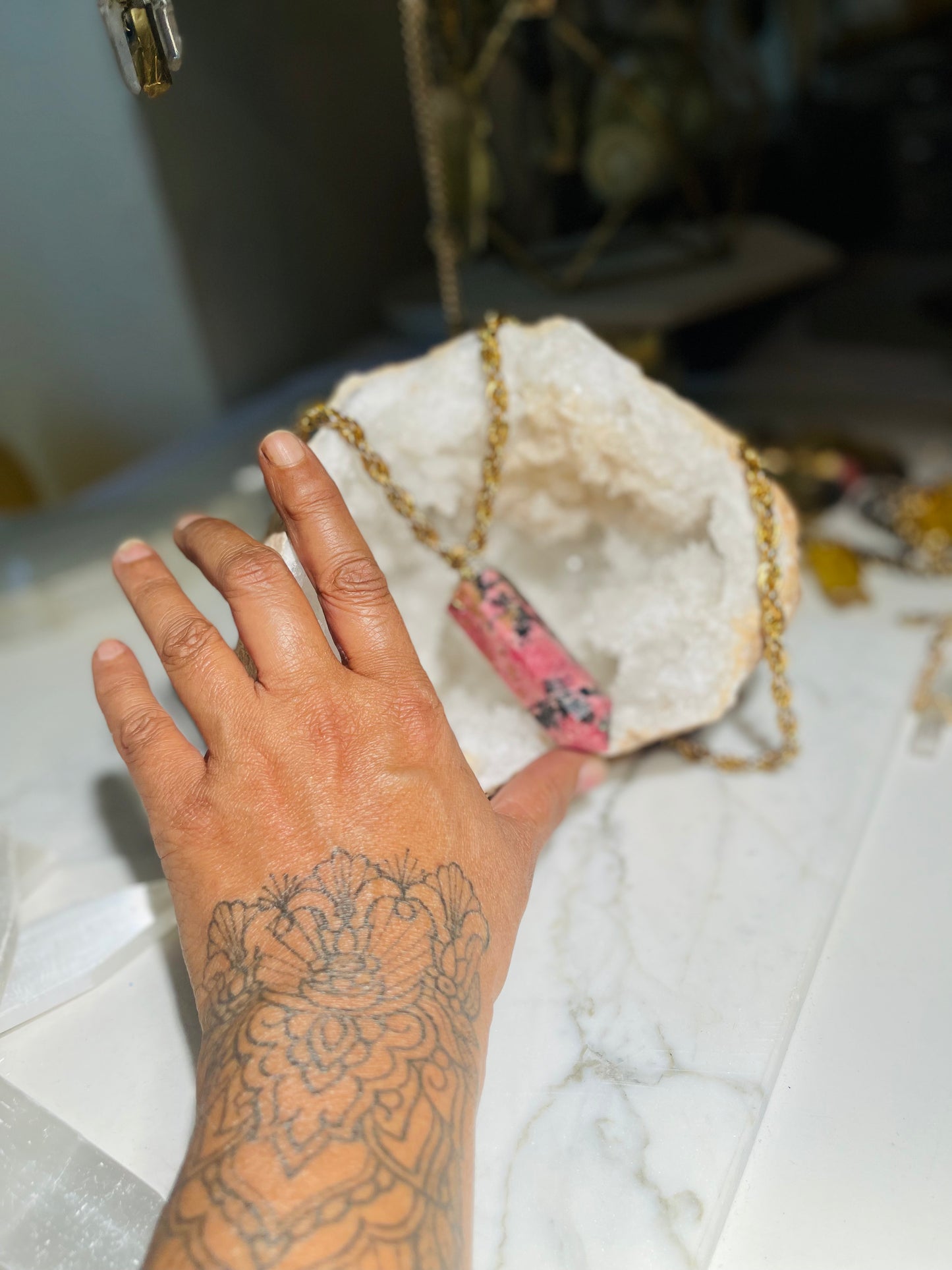 Pink Rhodanite Massive Manifestations Soul Chain w Vintage multi chain Gold Plated Chain