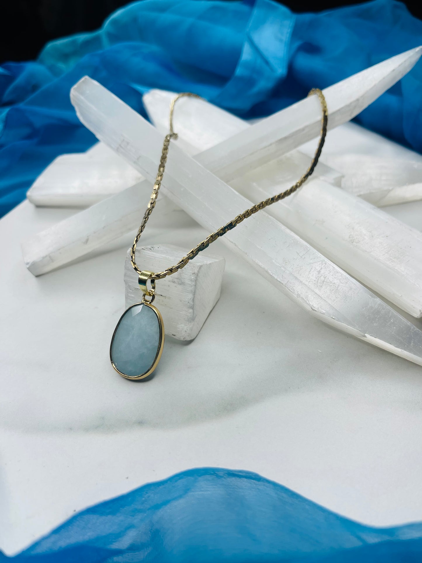 Dainty Baby Blue Lace Agate Crystal Soul Chain Necklace - Vintage Gold Chain- Dainty Baby Collection