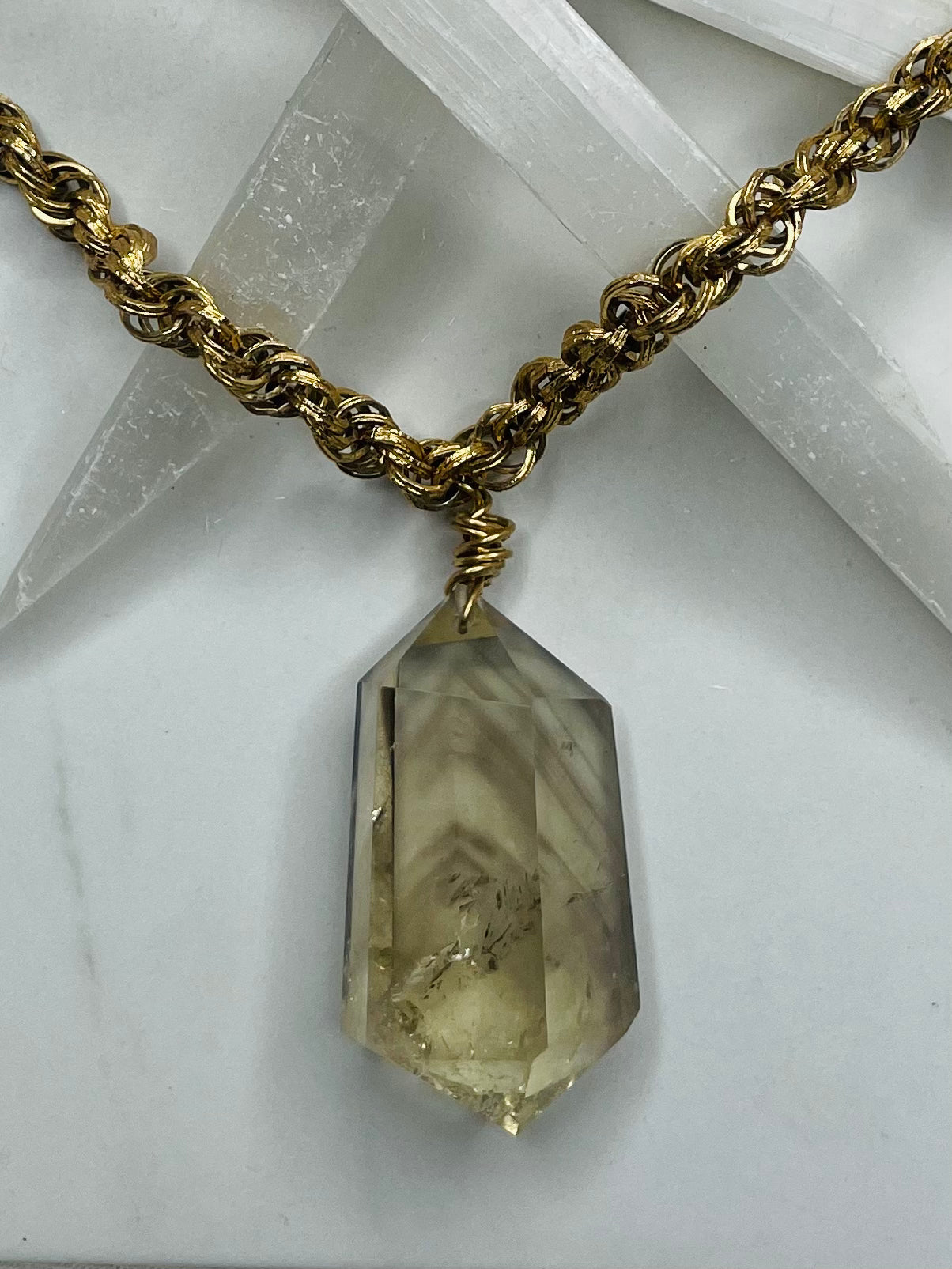 Chevron & Rainbow Inclusions Gem Cut & Very Rare Citrine Hand wrapped on vintage chain