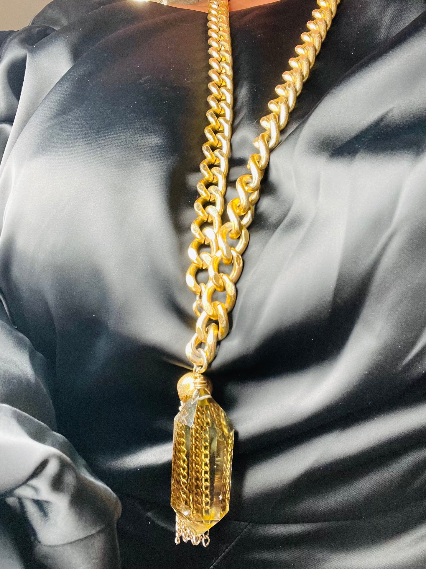 Chevron & Rainbow Inclusions Gem Cut & Very Rare Citrine Hand wrapped on vintage chain
