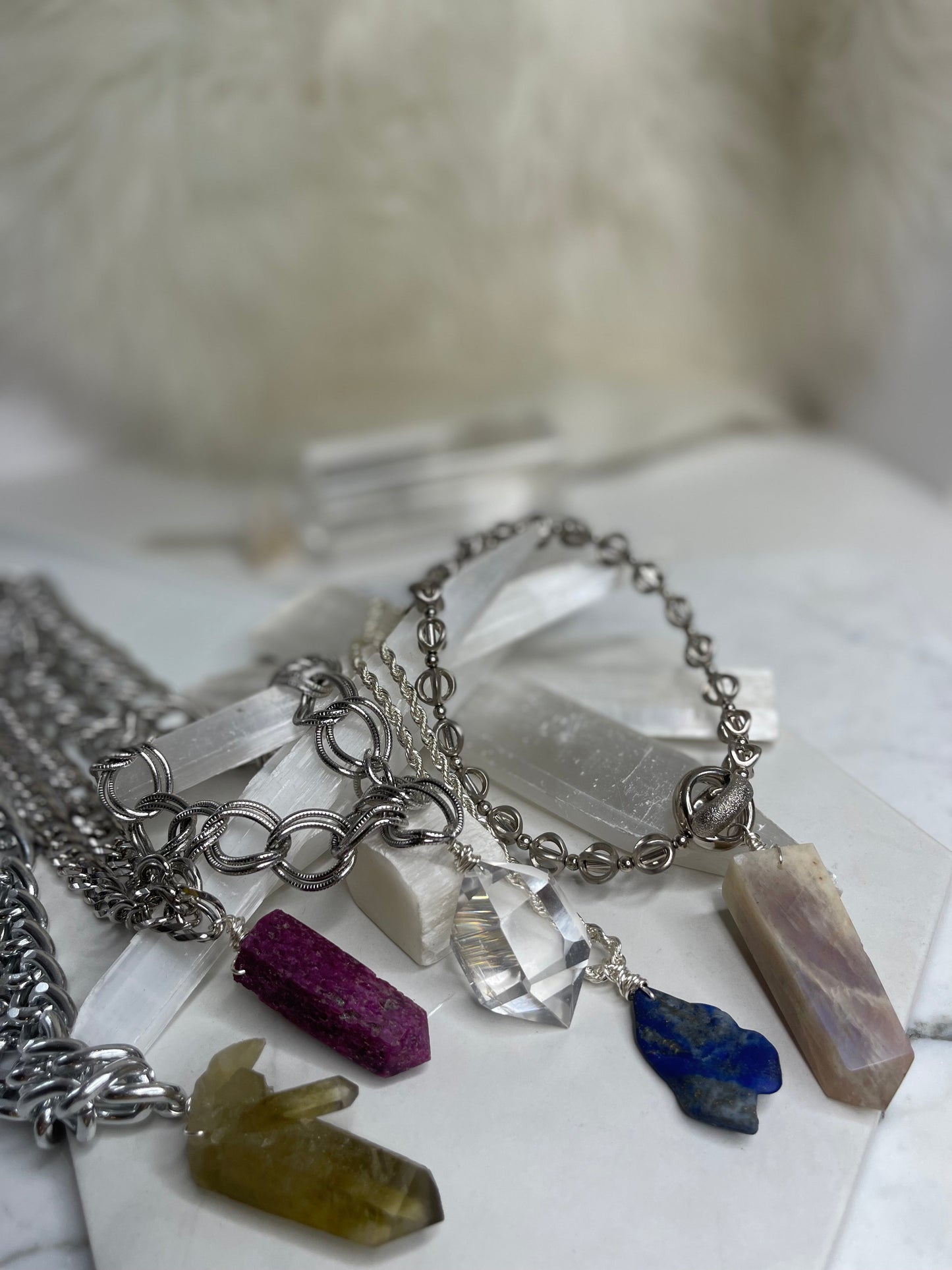 Renaissance Silver Bey
Chunky Gem Cut Clear Quartz Soul Chain w Vintage Silver Plated Chain