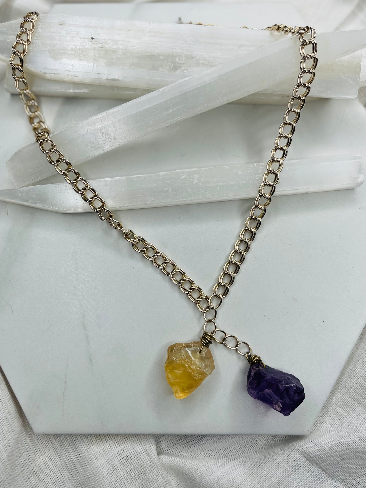 Vintage Chain w Raw Amethyst and High Quality Citrine Soul Chain Necklace Hand wrapped on vintage chain