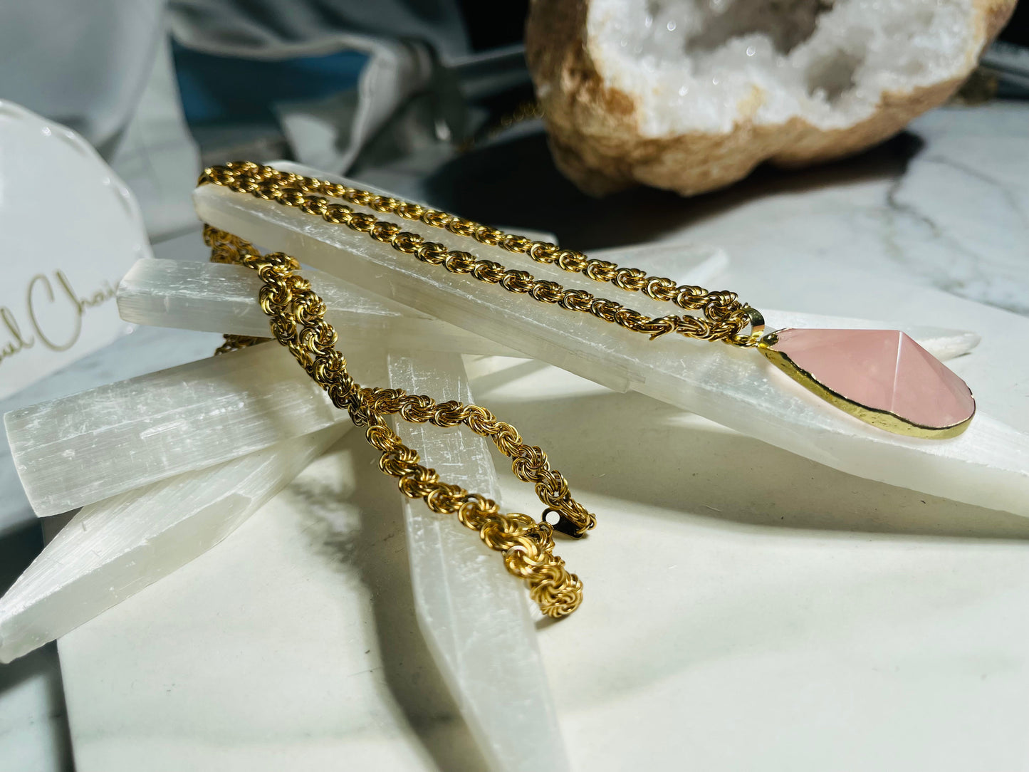 Heart Chakra Soul Chain Rose Quartz Crystal Gold Plated Soul Chain