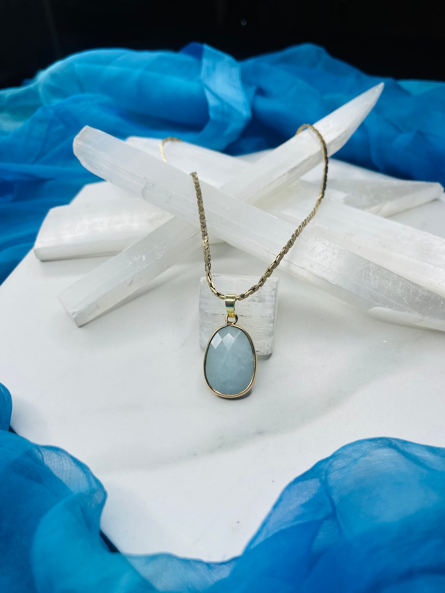 Dainty Baby Blue Lace Agate Crystal Soul Chain Necklace - Vintage Gold Chain- Dainty Baby Collection