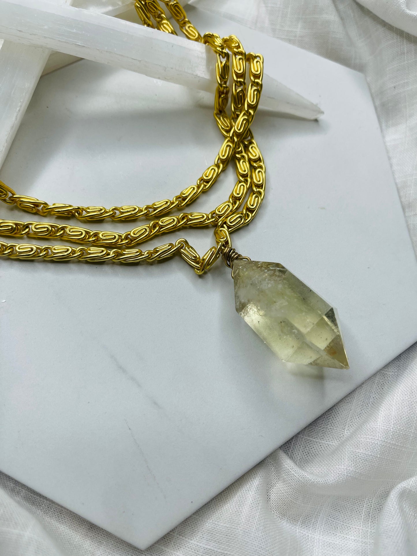 Multi Chain Rare High Quality Faceted Citrine Soul Chain Necklace Hand wrapped on vintage chain