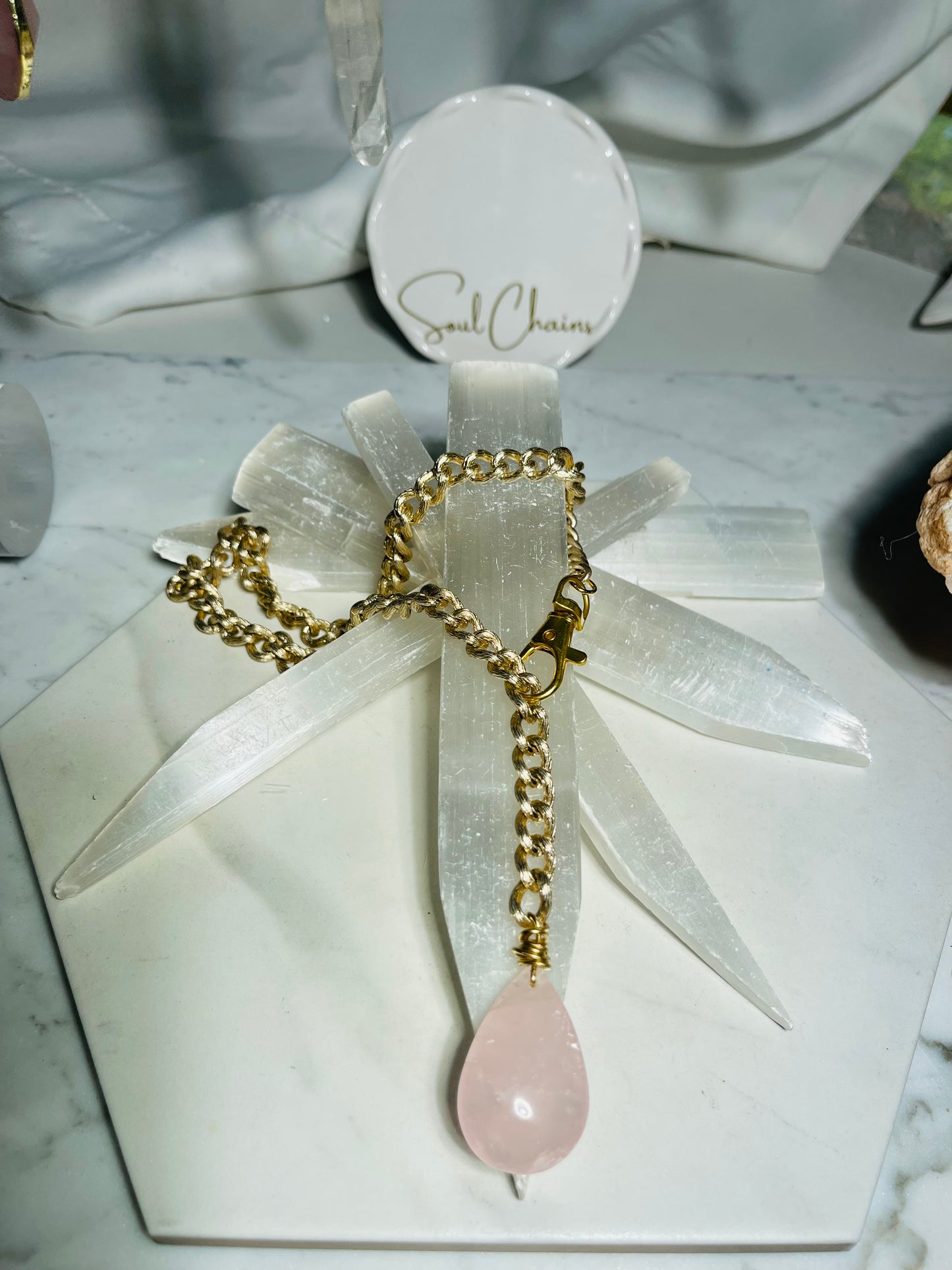Heart Chakra Soul Chain Rose Quartz Crystal Gold Plated Soul Chain