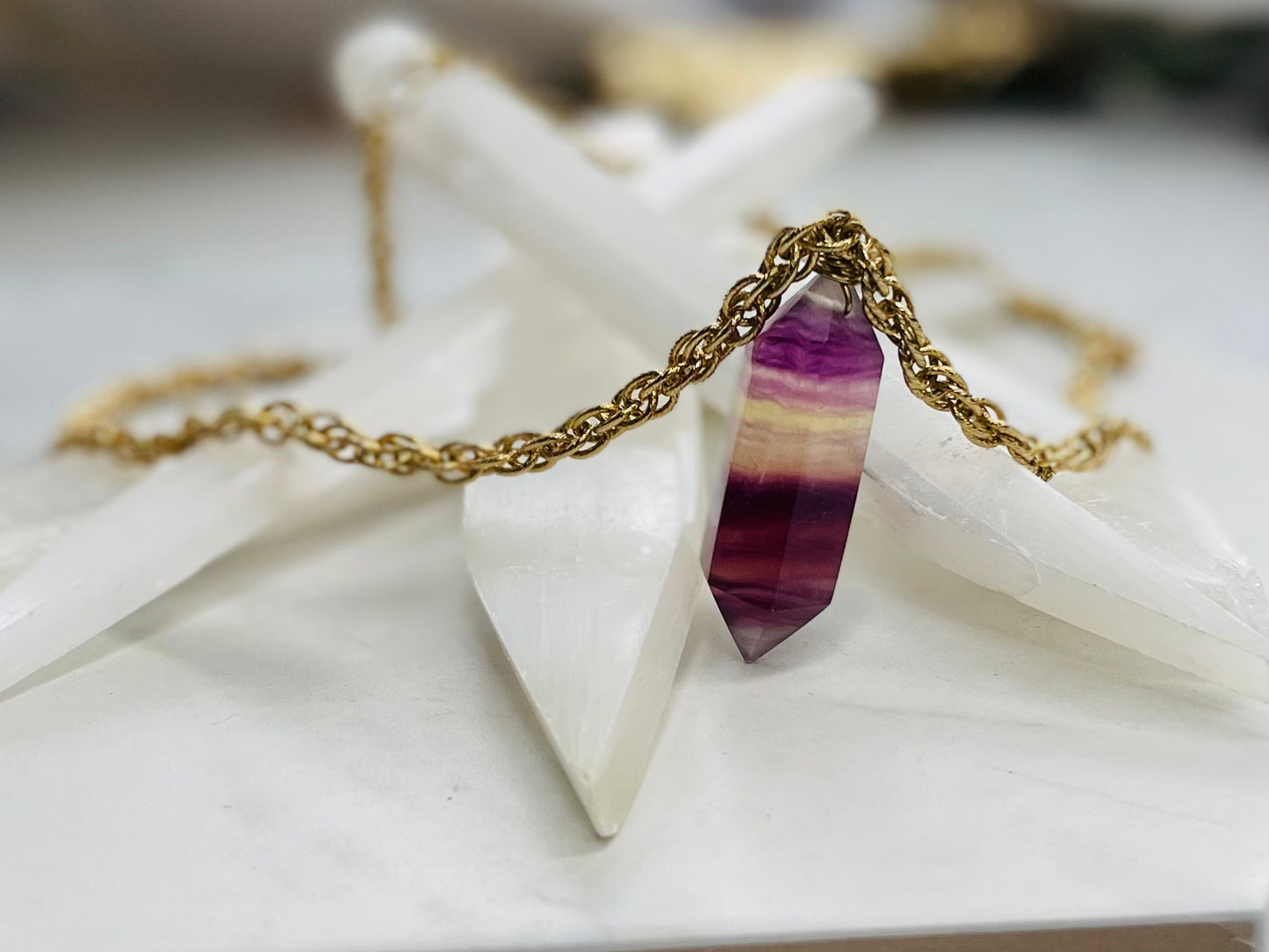 Double Terminated Rainbow Fluorite Crystal Nugget - Vintage Gold Soul Chain Necklace