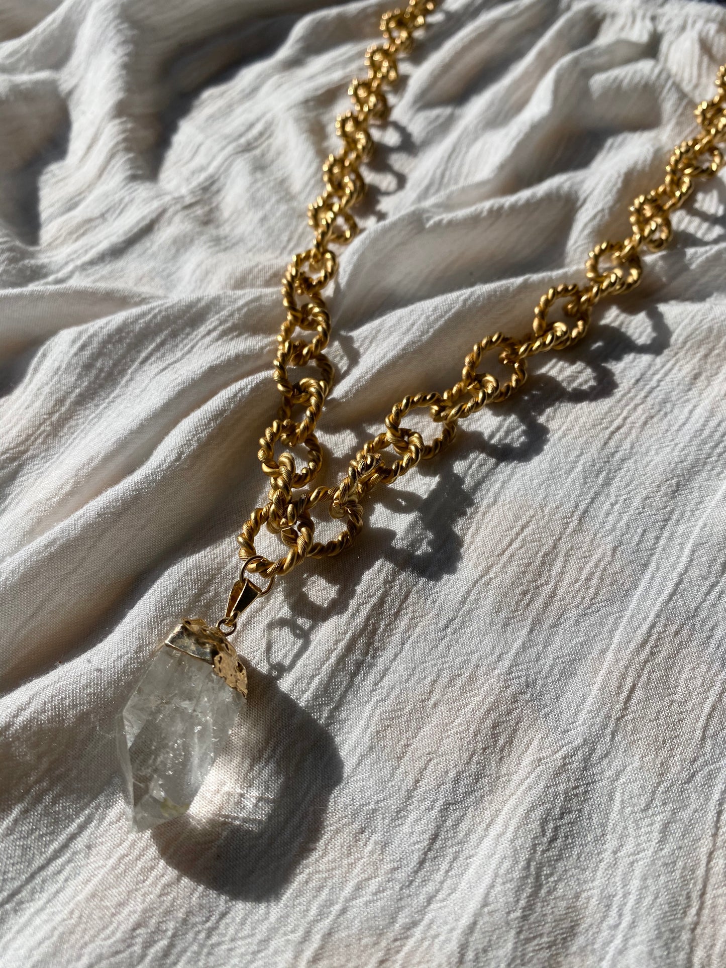 Brushed Golden Crystal Necklace with Clear Quartz 30"L Crystal 1.5"L - Ola Wyola