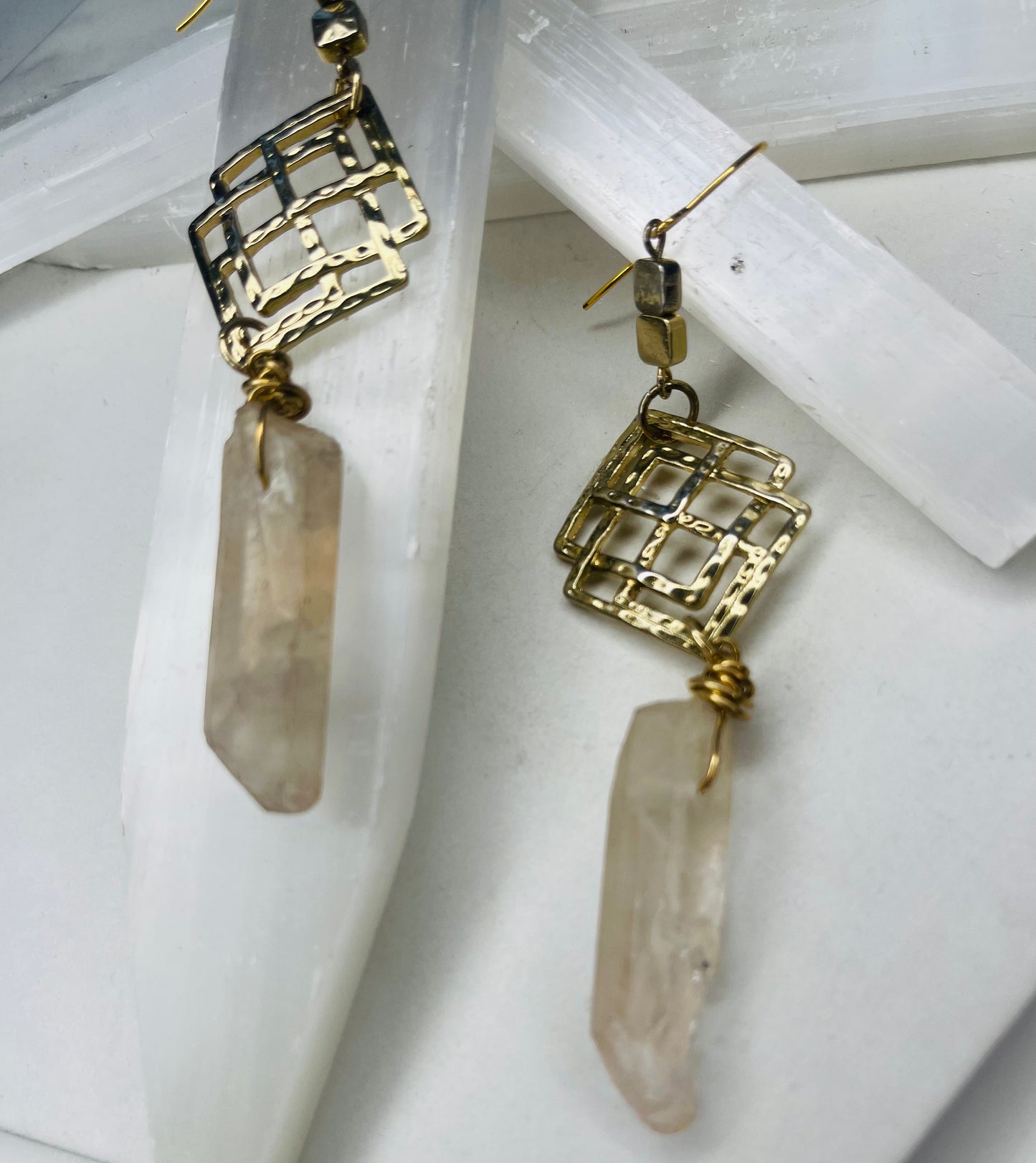 Lemurian Chakra Soul Chains Earrings w 24K Electroplated Gold Clear Quartz Crystals
