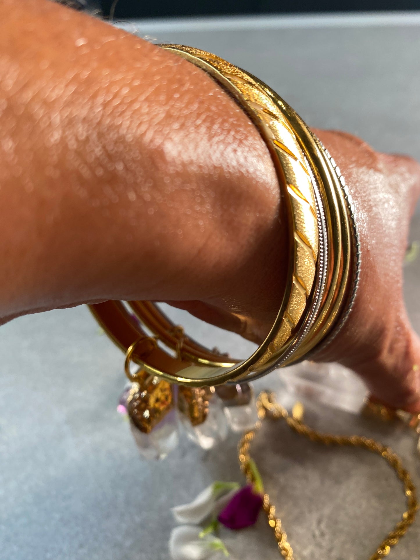 Golden Stackable Bangle with Chunky Clear Quartz Crystal Dangle