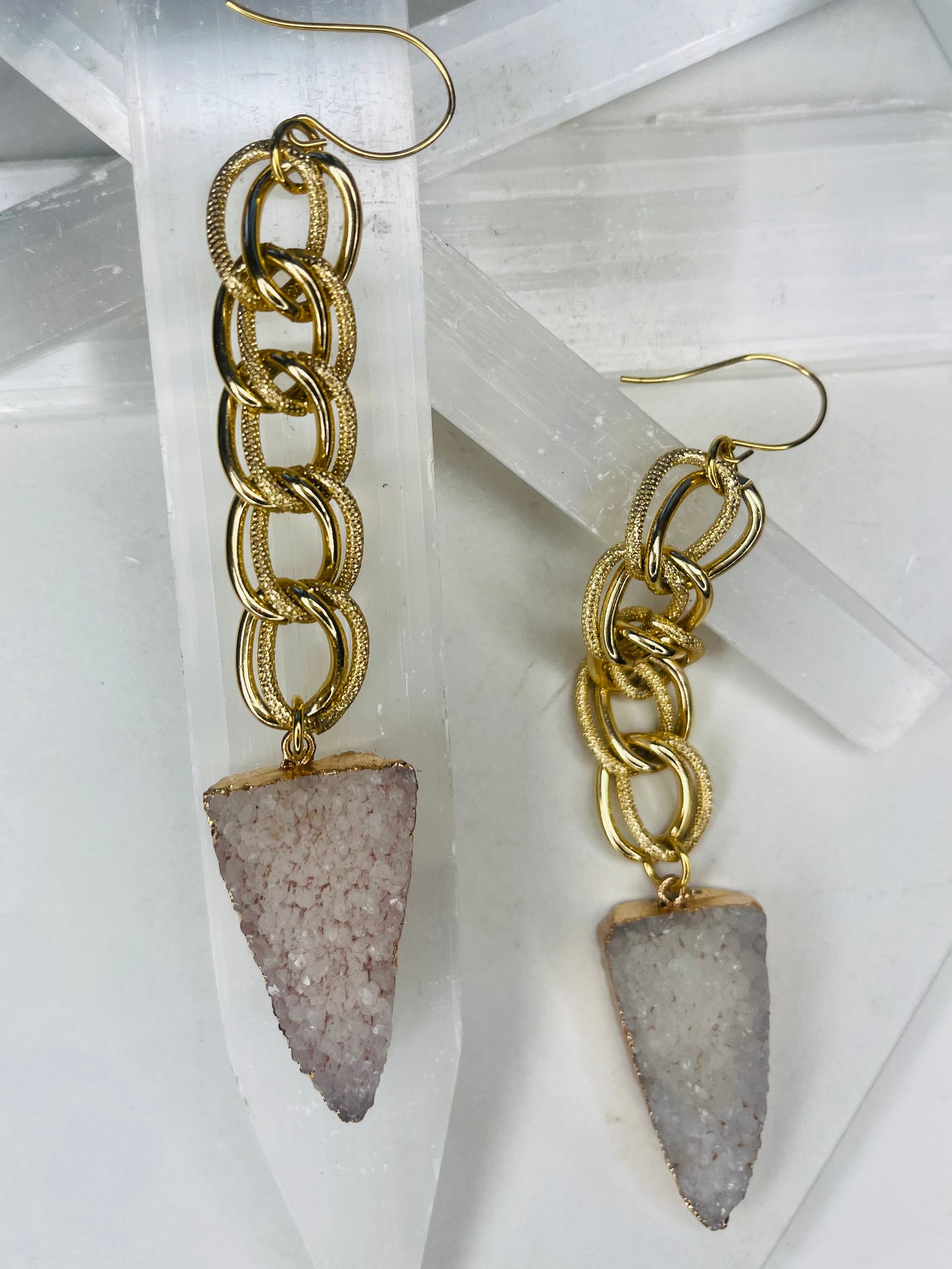 Clear Quartz Druzy Chakra Soul Chains Earrings w 24K Electroplated Gold Clear Quartz Crystals