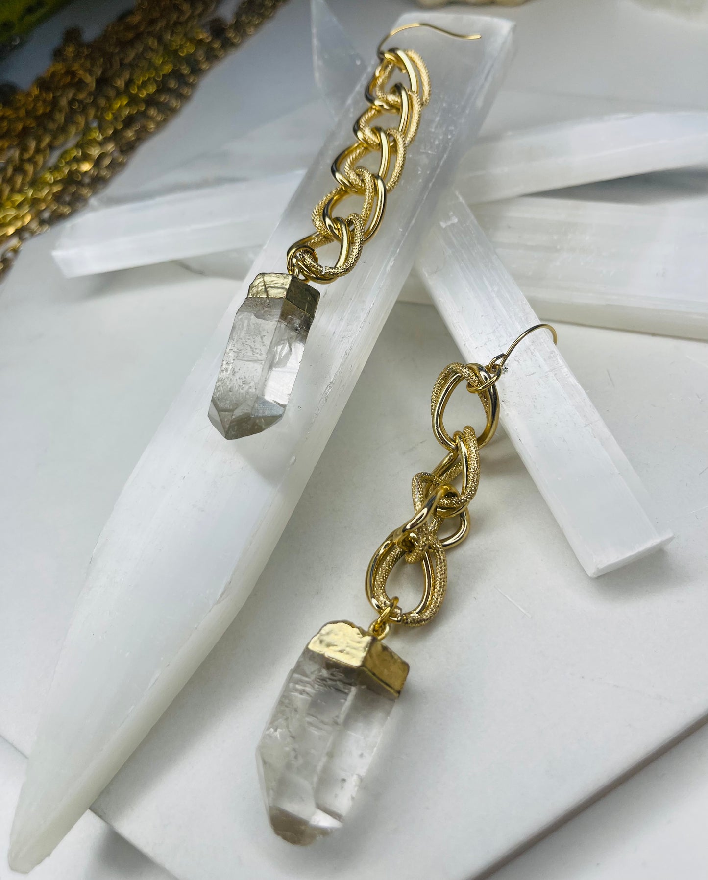 Clear Quartz Chakra Soul Chains Earrings w 24K Electroplated Gold Clear Quartz Crystals