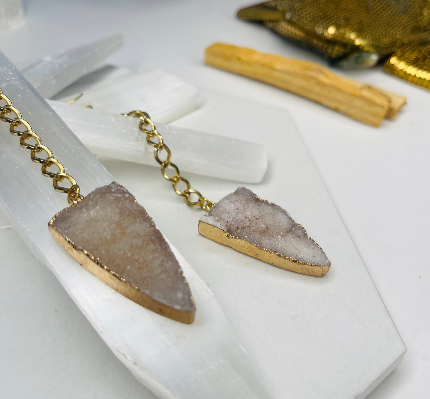 Clear Quartz Druzy Chakra Soul Chains Earrings w 24K Electroplated Gold Clear Quartz Crystals