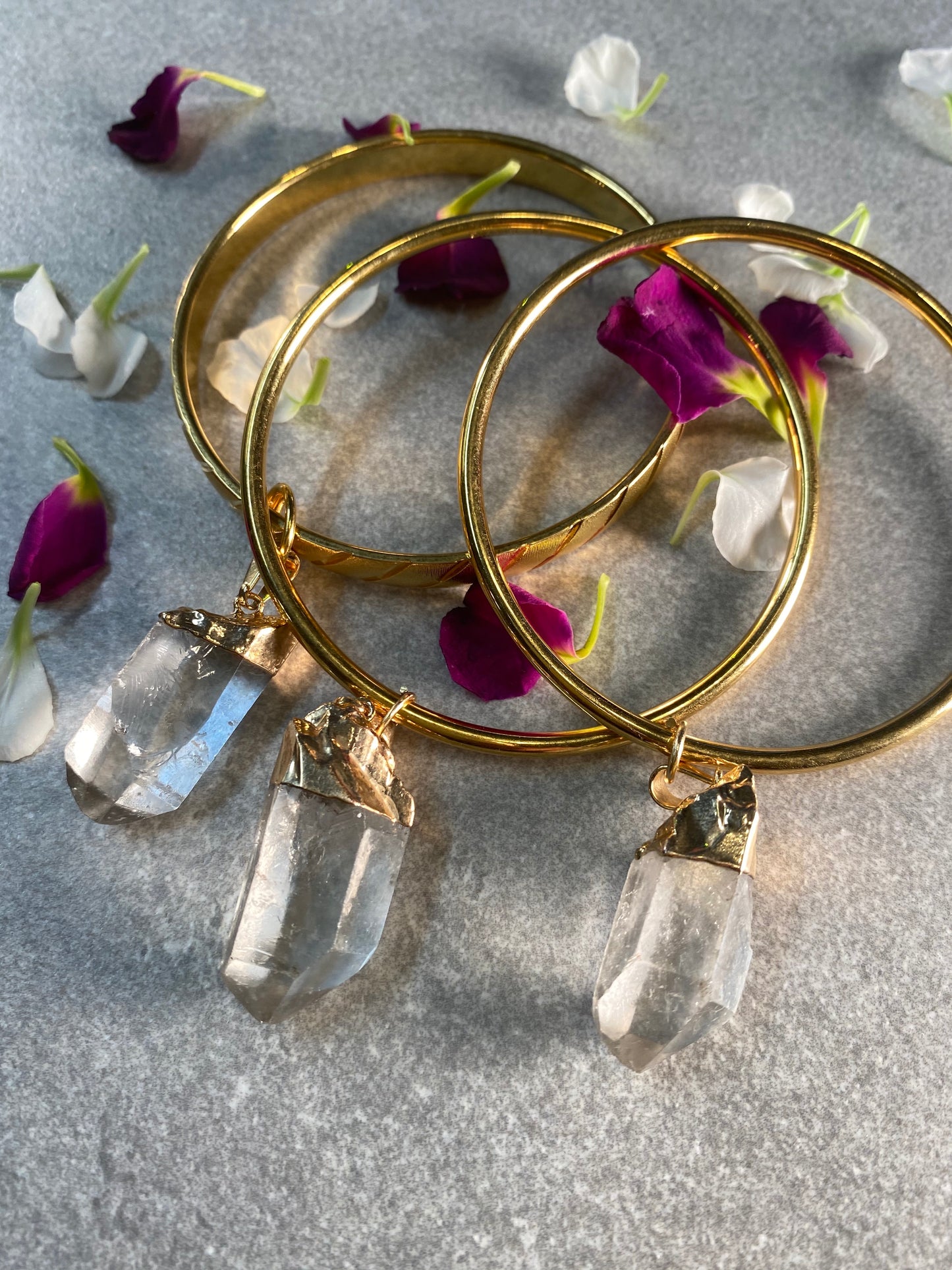 Golden Stackable Bangle with Chunky Clear Quartz Crystal Dangle
