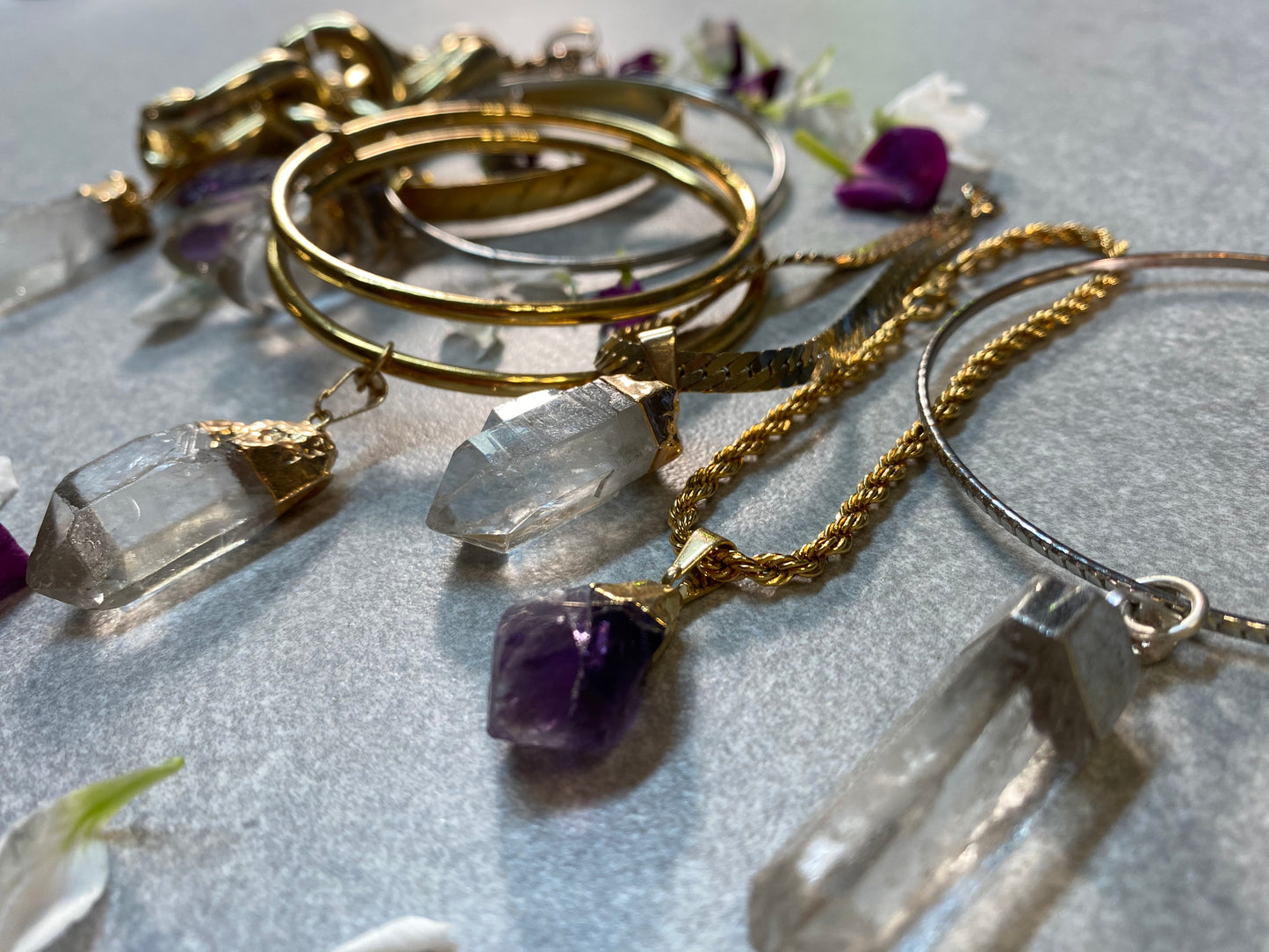 Golden Stackable Bangle with Chunky Clear Quartz Crystal Dangle