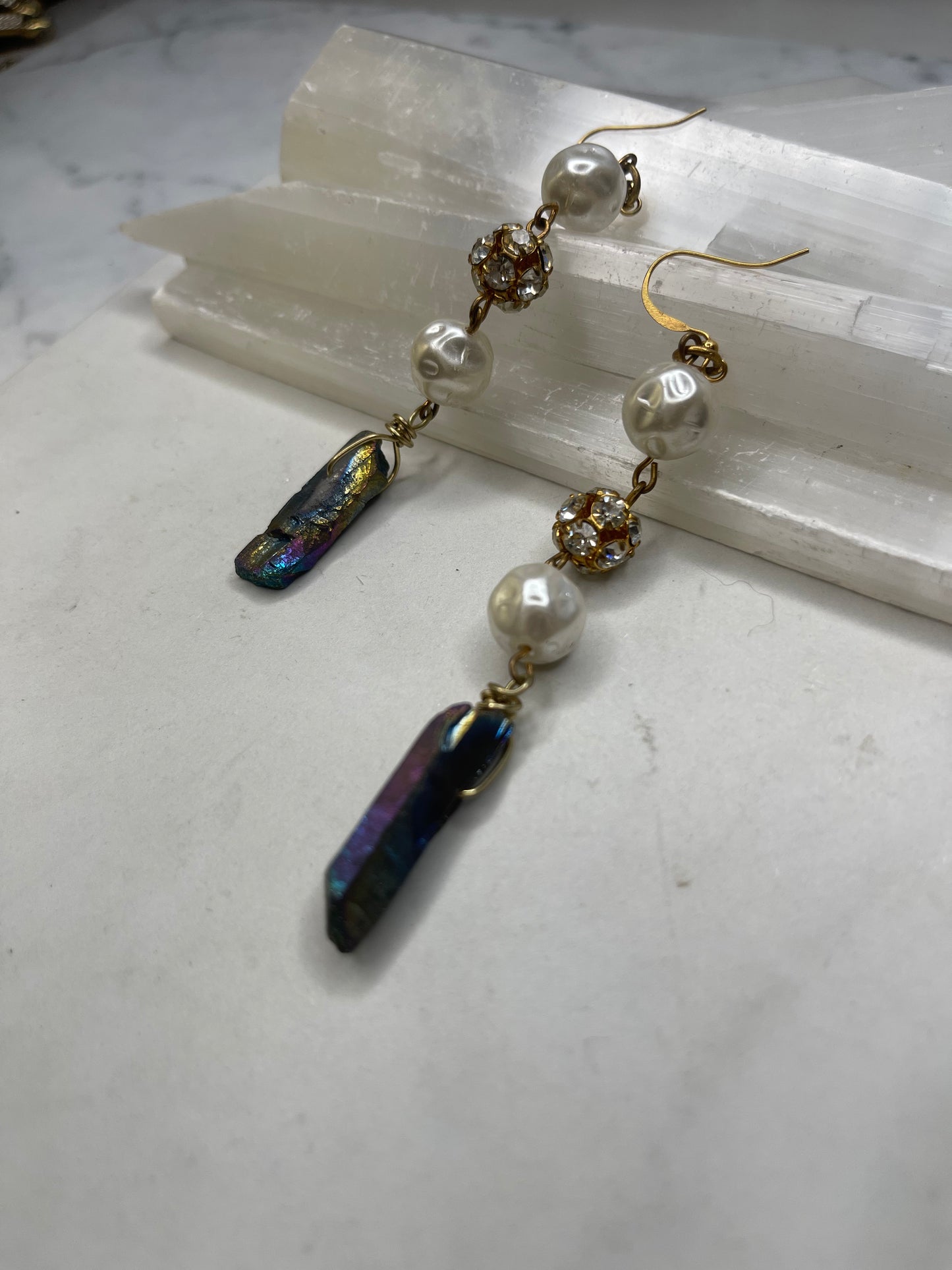 Aura Quartz Costume Pearls Clear Quartz Chakra Soul Chains Earrings w 24K Electroplated Gold Clear Quartz Crystals