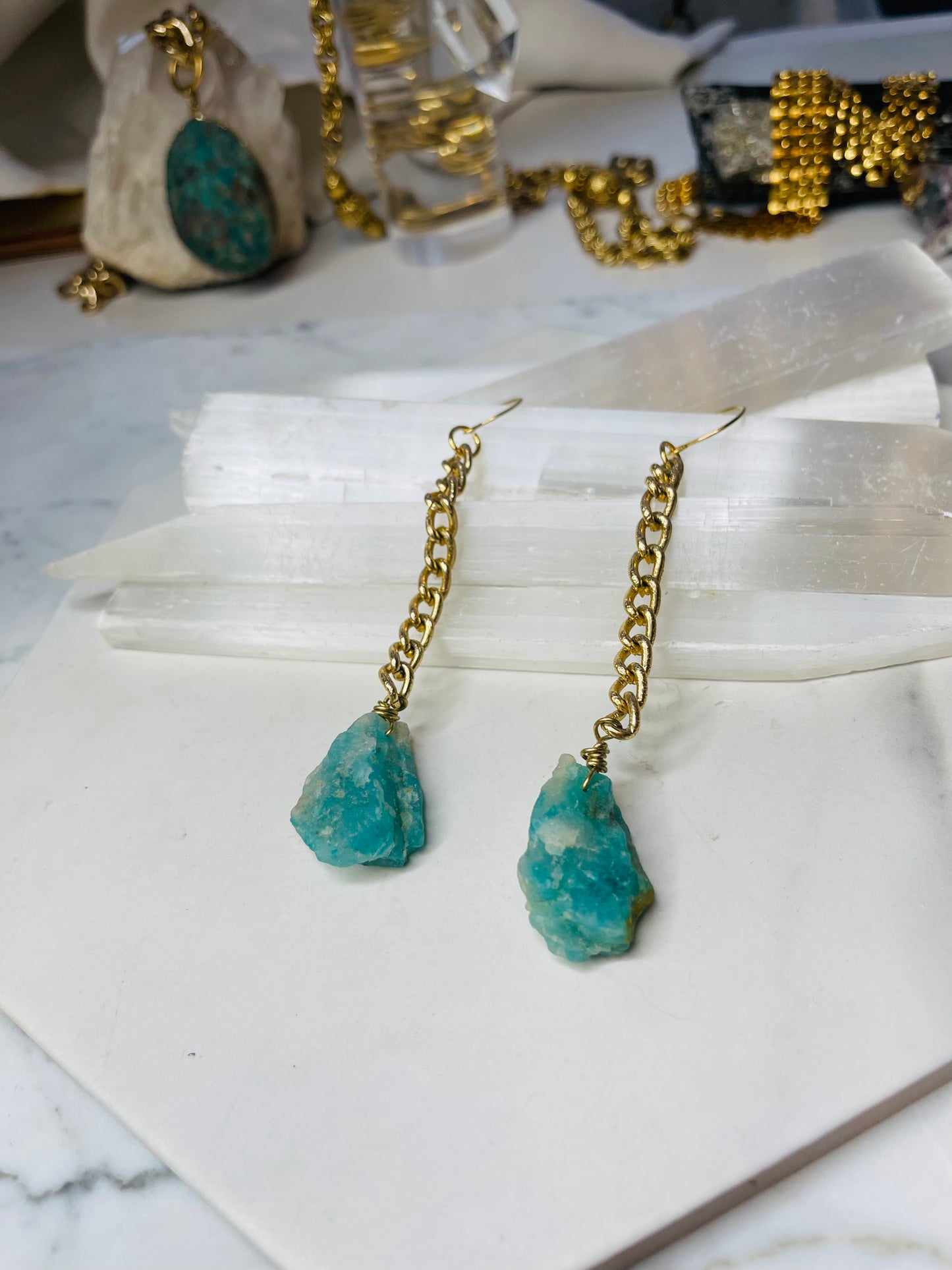 Chakra Soul Chains Earrings w Amazonite Crystals
