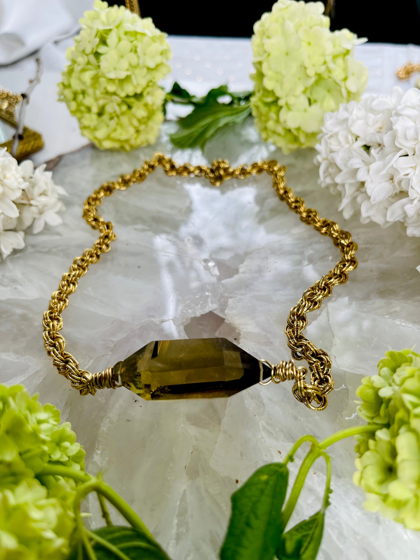 Double Terminated Brilliant Rare Lux Gem Cut Citrine Hand wrapped on vintage reimagined choker chain
