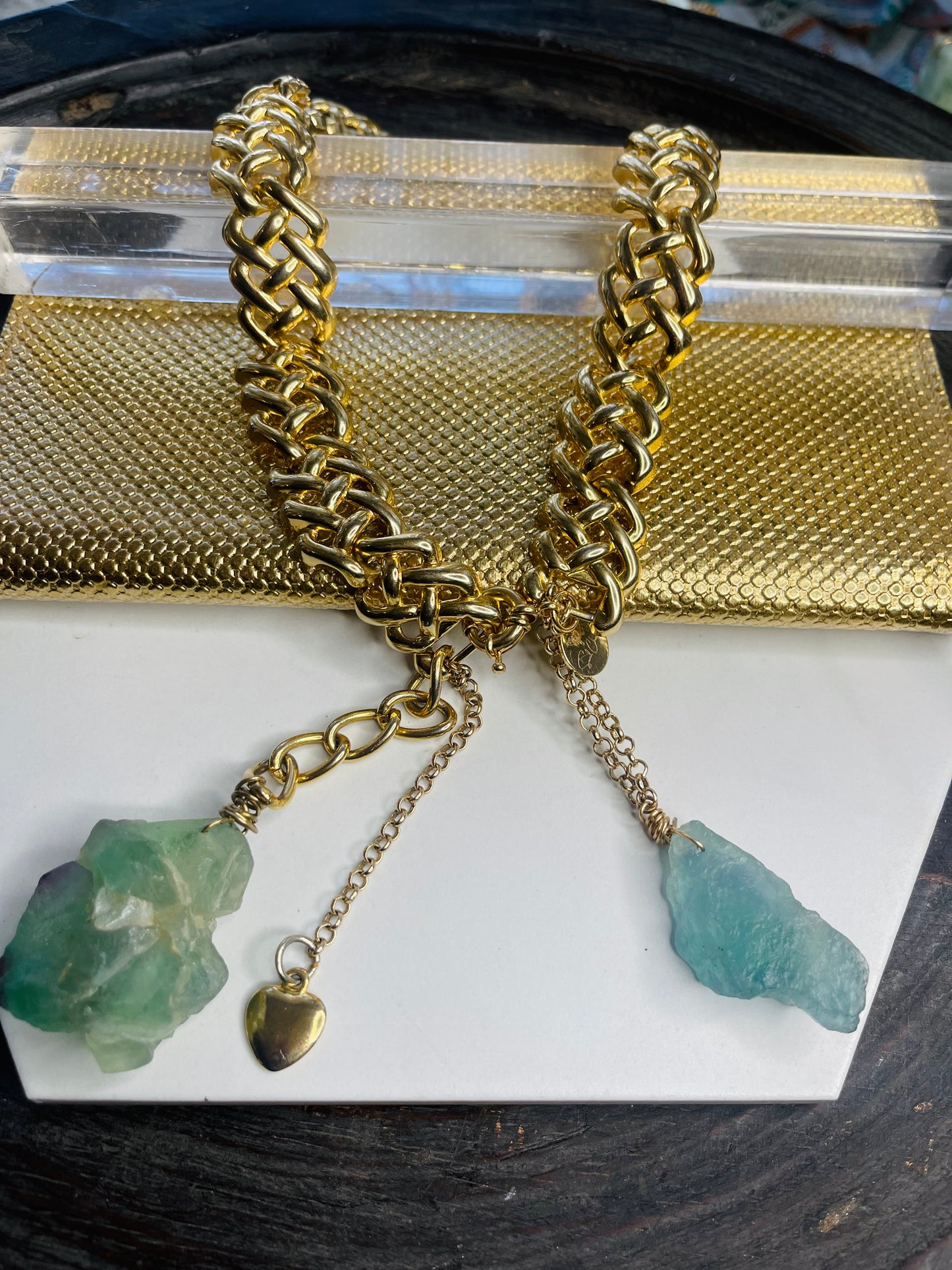 Raw Chunky Collar - Rainbow Fluorite Crystal Gold Soul Chain Necklace