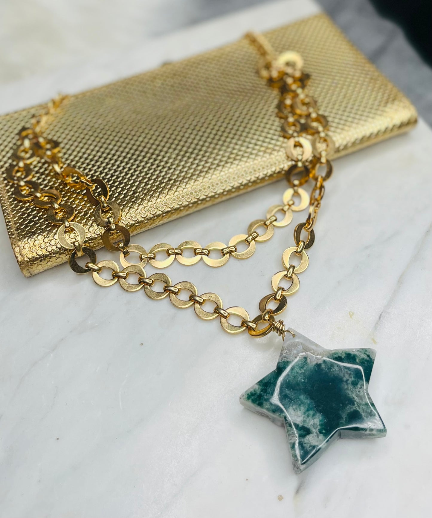 Star Moss Agate Choker  Soul Chain w/Gold Plated Vintage Chain