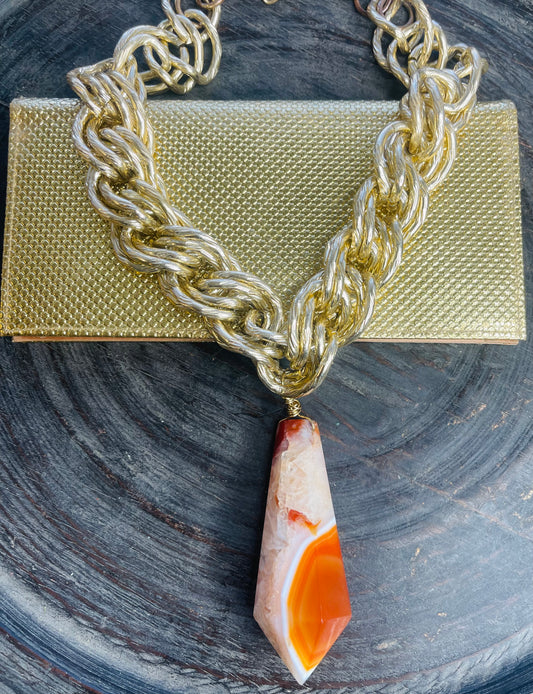 Chunky Massive Rare Carnelian Soul Chain w Vintage Gold Plated Chain