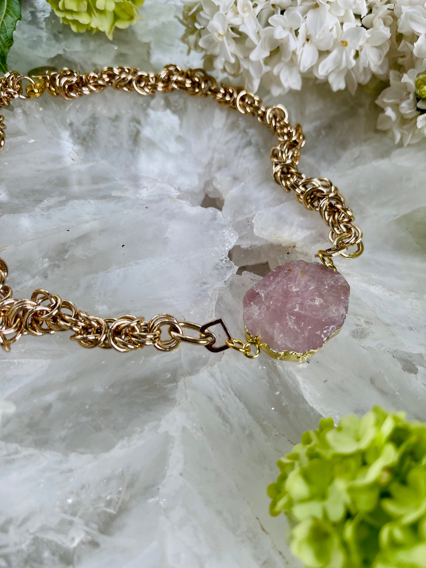 Vintage Choker - Reimagined. Rose Quartz Crystal  Soul Chain Necklace w 24k Electroplated